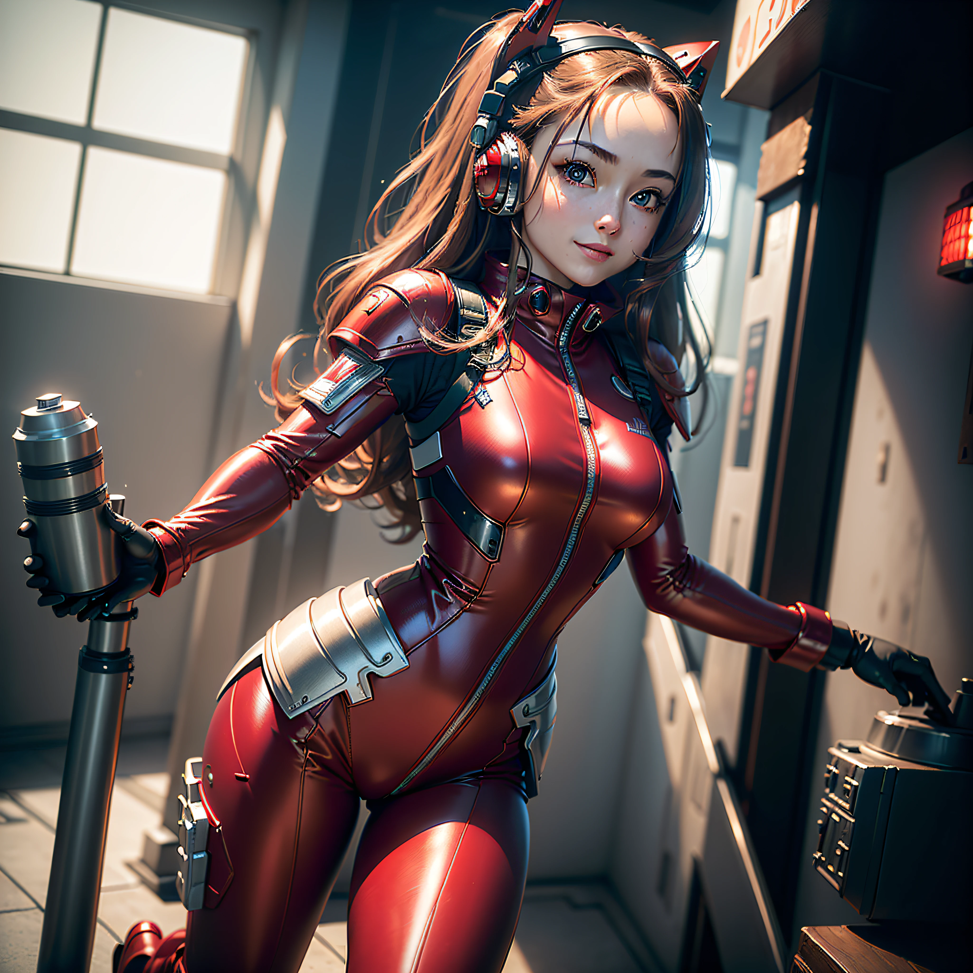 (Masterpiece, Best Quality, Best Resolution, distinct_image, Very Elaborate CG, Cinematic Lighting, Ray Tracing, Drop Shadows, Detailed Detail, (Photorealistic: 1.4), High Quality Textures, Detailed, Realistic Face Expression): (Girl Alone, Face Japan People, (Crimson Long Hair: 1.2), Small Size Breasts, Detailed Gundam cockpit with sparkly red eyes, eye-level shots, metallic red colored flight suits, tight-fitting clothes, full-body covering clothes, light smile, beauty, slim body, exoskeleton, heroine, headset, long boots, gloves, solo ride)
