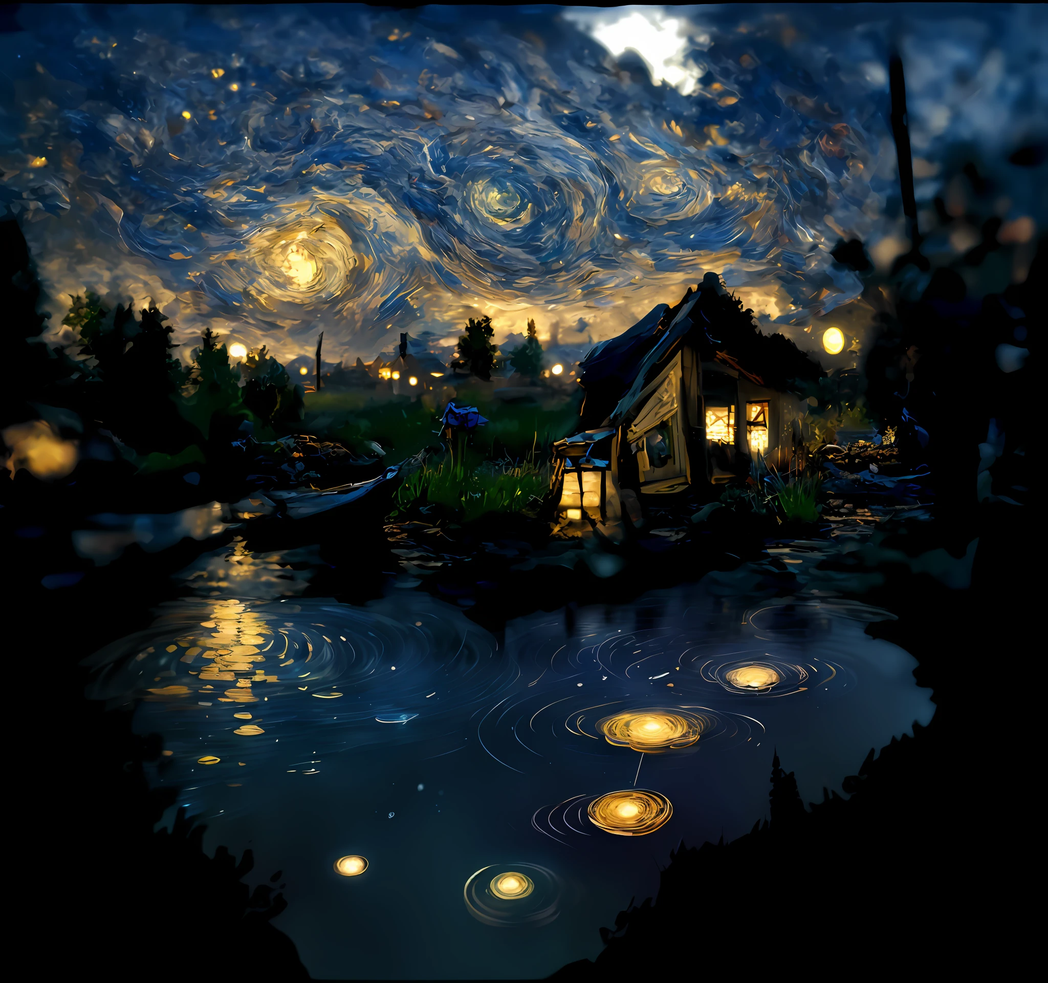starry night scene with a small house and a pond, in style of van gogh, van gogh art style, van gogh style, vincent van gogh style, 4k highly detailed digital art, style of van gogh, starry-night!!!!!!!!!!!!!!!!!!!!, style of van gogh starry night, inspired by Van Gogh, starry night, in the starry night