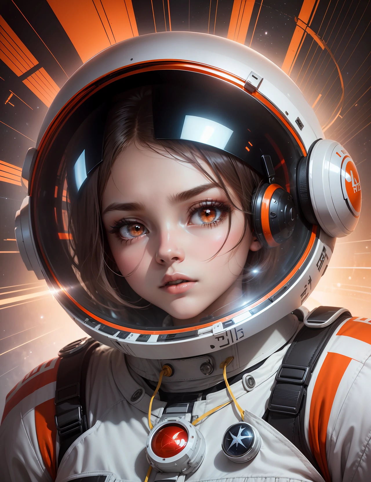 1girl,flat_breasts,cute,beautiful detailed eyes,shiny hair,visible through hair,hairs between eyes, CCCPposter, sovietposter,red monochrome,soviet poster, soviet,communism,
Black_hair,red_eyes,vampire,teenage,poorbreast,Spacesuit:Orange_clothing_body:jumpsuit),white_gloves, white_space shoes, white_helmet, the CCCP red letters on the top of helmet, weightlessness, Side light, reflection, The person in the spacesuit is at the bottom left of the frame, The right hand is outstretched, the right hand gently touches the Salyut space station), Space station in the upper right corner of the screen, Reflected light from the sun, Silver metal,red flag, brilliance,USSR style, diffuse reflection, Metallic texture, The vista is a blue Earth,mecha style,the sea of star,high tone, magnificent