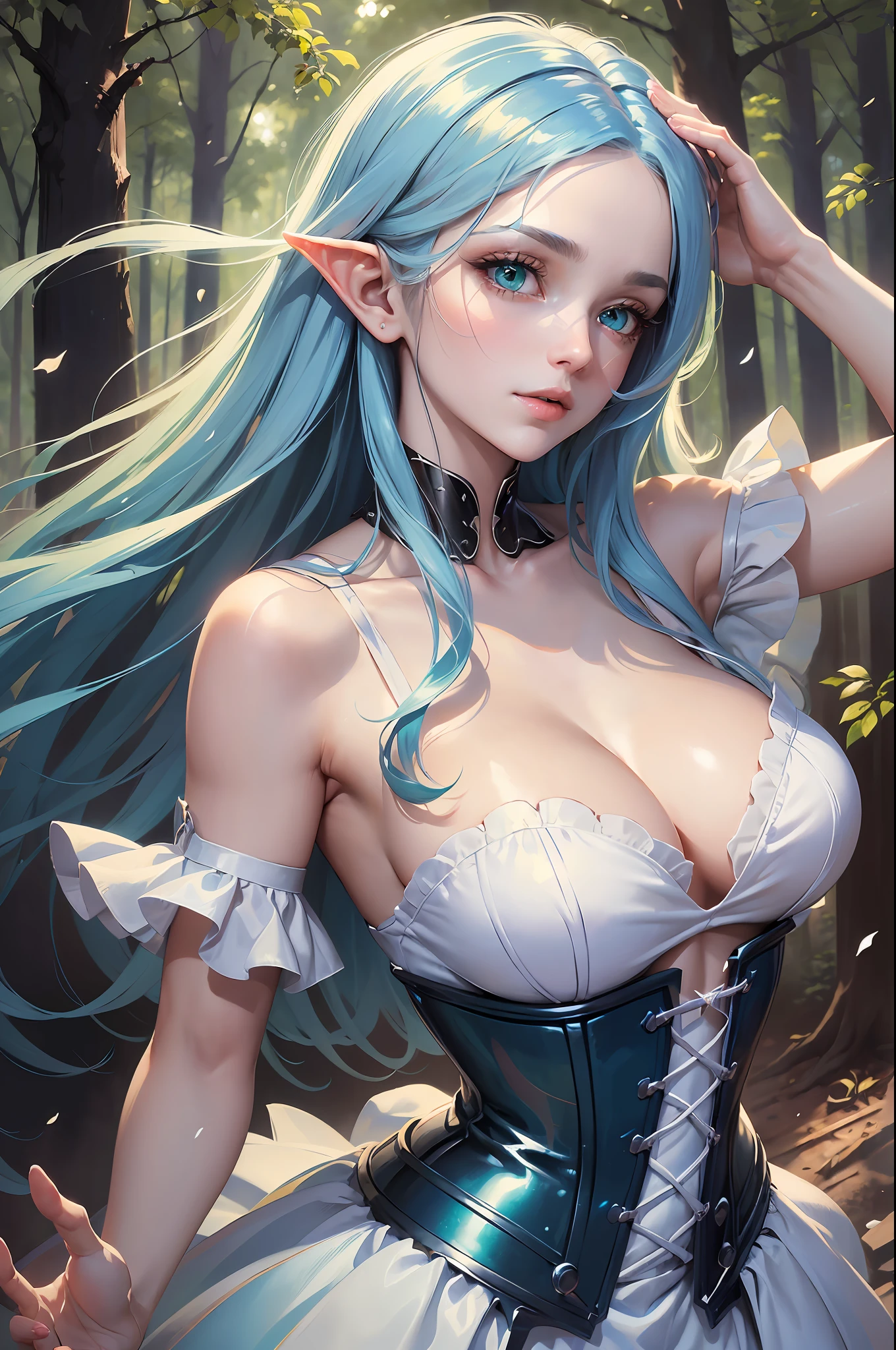 (masterpiece, realistic, high resolution), ((1 charming cute girl): 1.2), dress up as a high elf, ((long blue hair, green eyes, open eyes, most detailed, updraft)), (charming, noble, eye reflex, glowing eyes, sparkling eyes, glint, eye reflection, pretty eyes, eye reflex, shyness), (pale skin, extremely moist smooth, skin reflecting light), dress revealingly, Exposed cleavage, exposed collarbone, corset, no bra, blue sky and white clouds, otherworld fantasy style, upper body, dynamic pose, depth of field, extremely detailed forest background