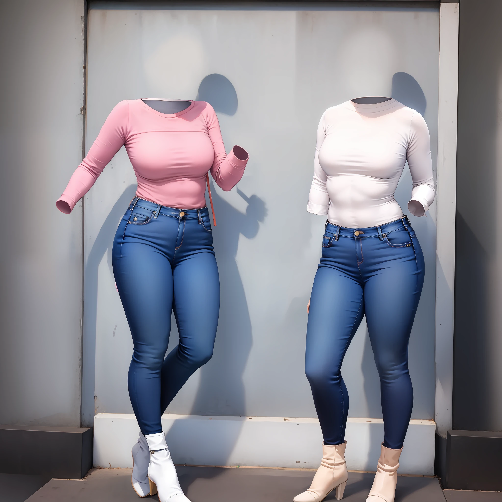 invisible, headless, faceless, masterpiece, best quality, navy-blue skinny jeans, white boots, pink blouse, large breasts, sexy,