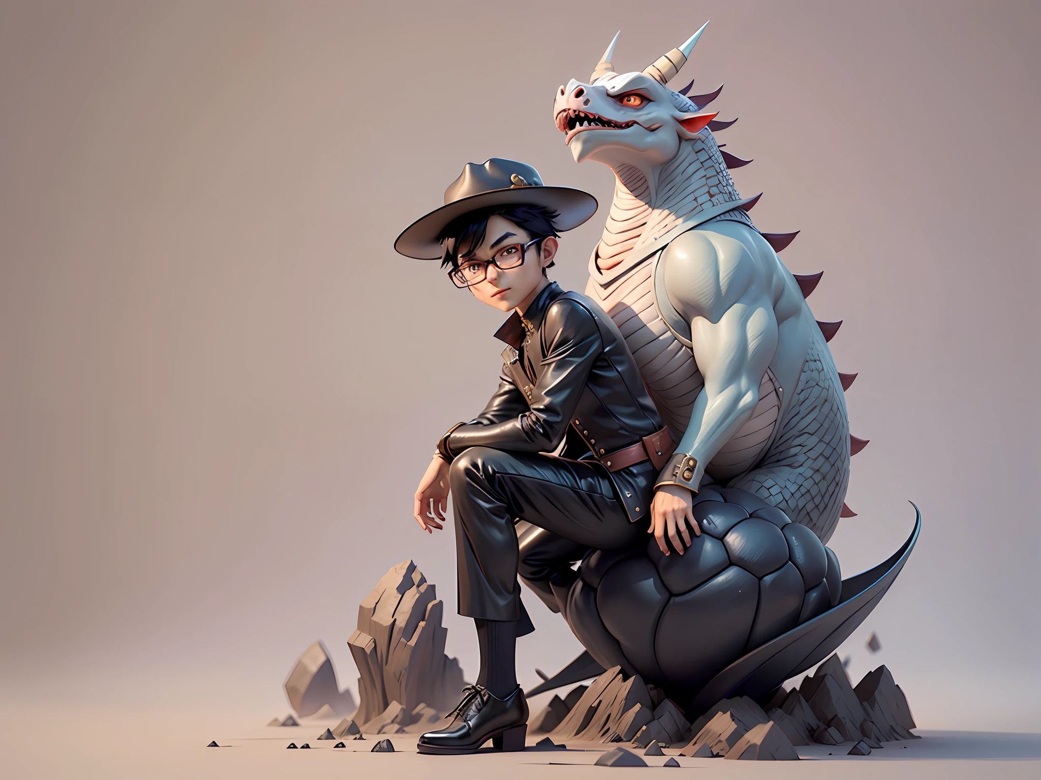 Young man with oriental face in leather hat, dragon, formal suit, short black hair, silver glasses, digital painting, 3D character design by Mark Clairedon and Pixar and Hayao Miyazaki and Akira Toriyama, the illustration is a high-definition illustration in 4K resolution with very detailed facial features and cartoon-style visuals.