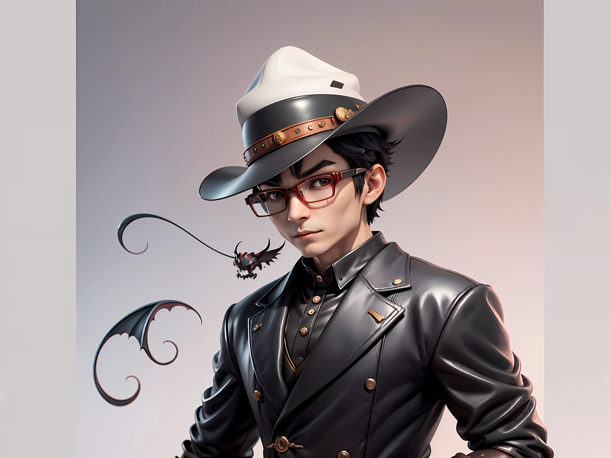 Young man with oriental face in leather hat, dragon, formal suit, short black hair, silver glasses, digital painting, 3D character design by Mark Clairedon and Pixar and Hayao Miyazaki and Akira Toriyama, the illustration is a high-definition illustration in 4K resolution with very detailed facial features and cartoon-style visuals.