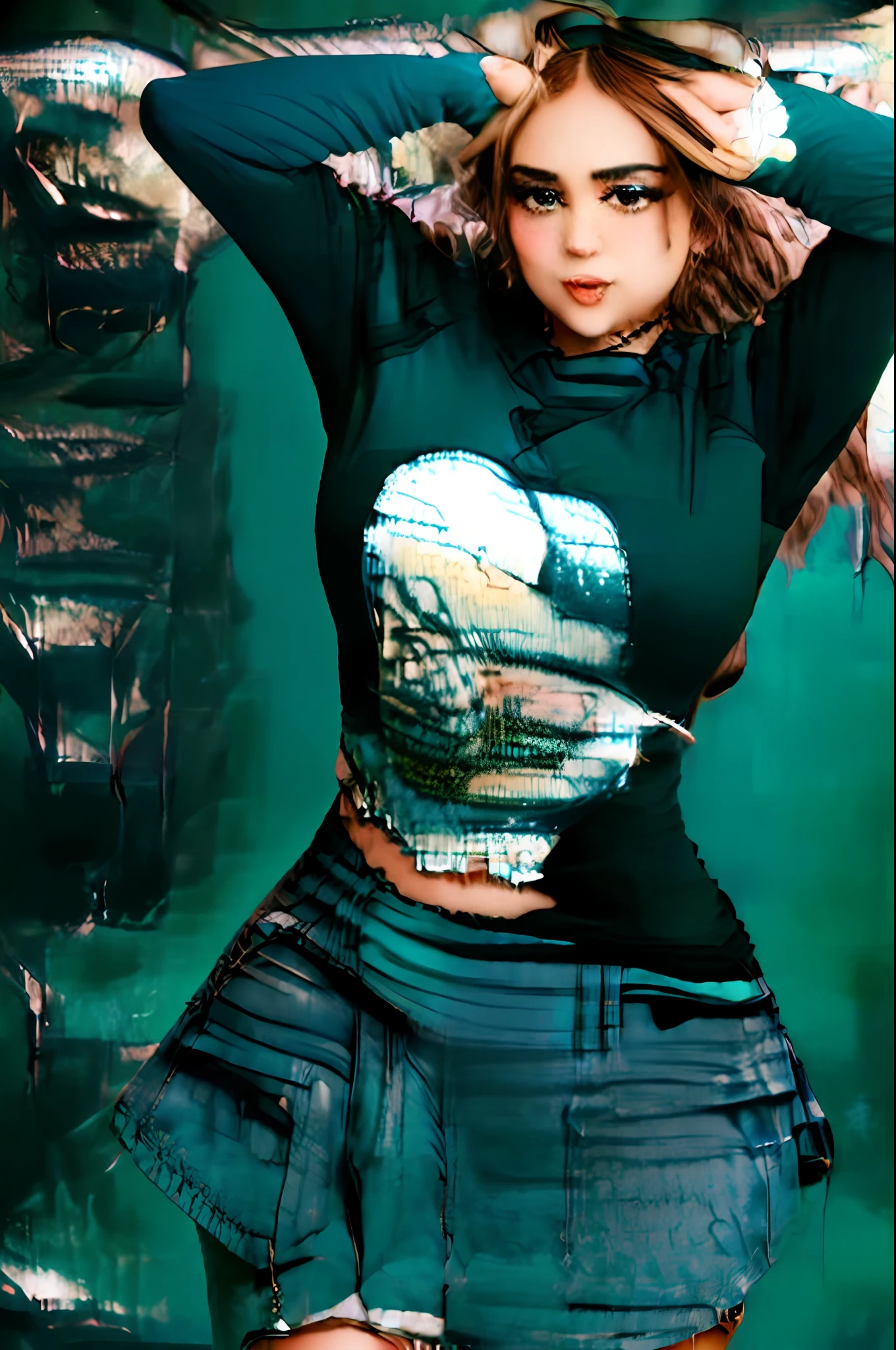 Arigameplays, a woman with a ponytail in a t-shirt and a denim skirt is smiling, hands on hips, blue background, looking at viewer