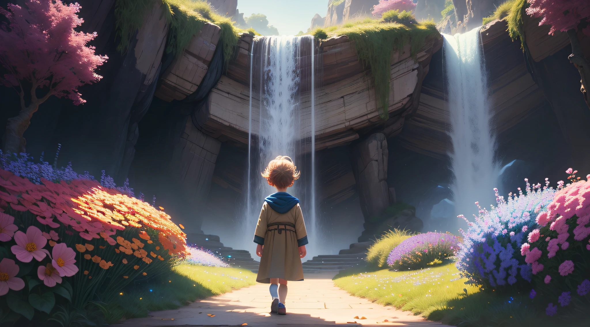 Masterpiece, best quality, cinematic lighting, beautiful concept art, surrealism, epic scene, 8K, a magical oasis filled with vibrant flowers, sparkling waterfall and an atmosphere of mystery. a little boy Milo's eyes widened in astonishment as he stepped onto the path, feeling a tingle of anticipation.