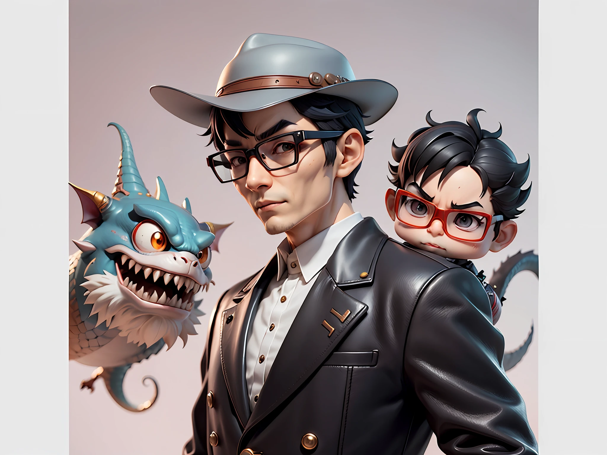 Young man with oriental face in leather hat, dragon, formal suit, short black hair, silver glasses, digital painting, 3D character design by Mark Clairedon and Pixar and Hayao Miyazaki and Akira Toriyama, the illustration is a high-definition illustration in 4K resolution with very detailed facial features and cartoon-style visuals.