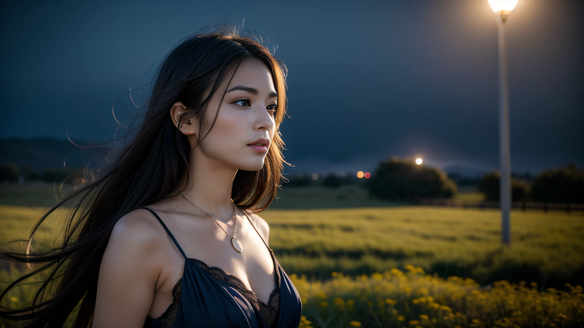 Photo, (Photorealistic: 1.4), (Hyperrealistic: 1.4), (Cinematic: 1.5), Woman in her twenties, long black hair, (beautiful and delicate face), high-quality eyes, dark blue dress, night, moonlight, (dark blue tone: 1.5), even darker, silhouette, backlit, meadow, hair swaying in the wind, thick fog, Canon EF 35mm, f: 1.8,