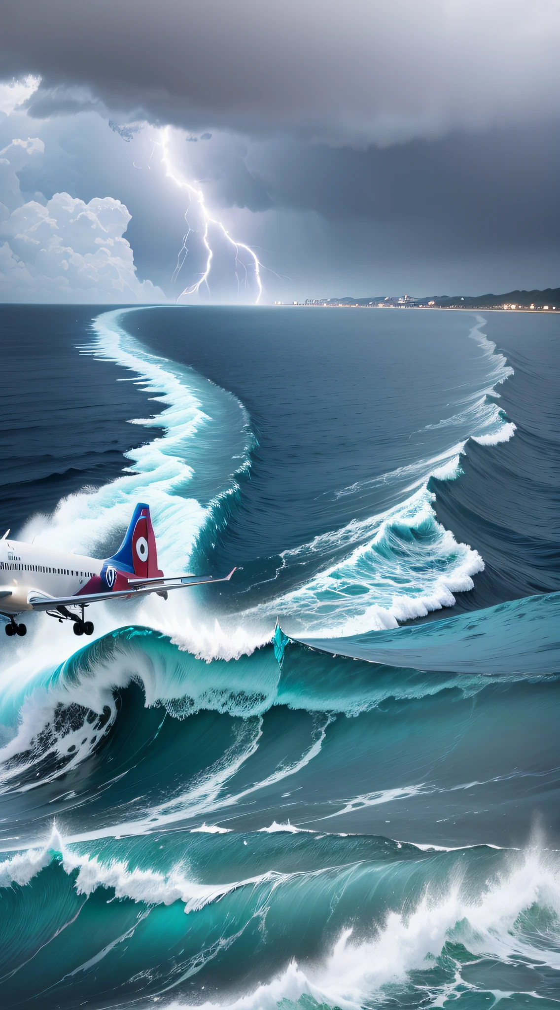 Bermuda sea with terrible whirlpool, circular whirlpool close-up, airplane flying into the whirlpool, terrible waves, lightning in the background, 2030 --auto --s2