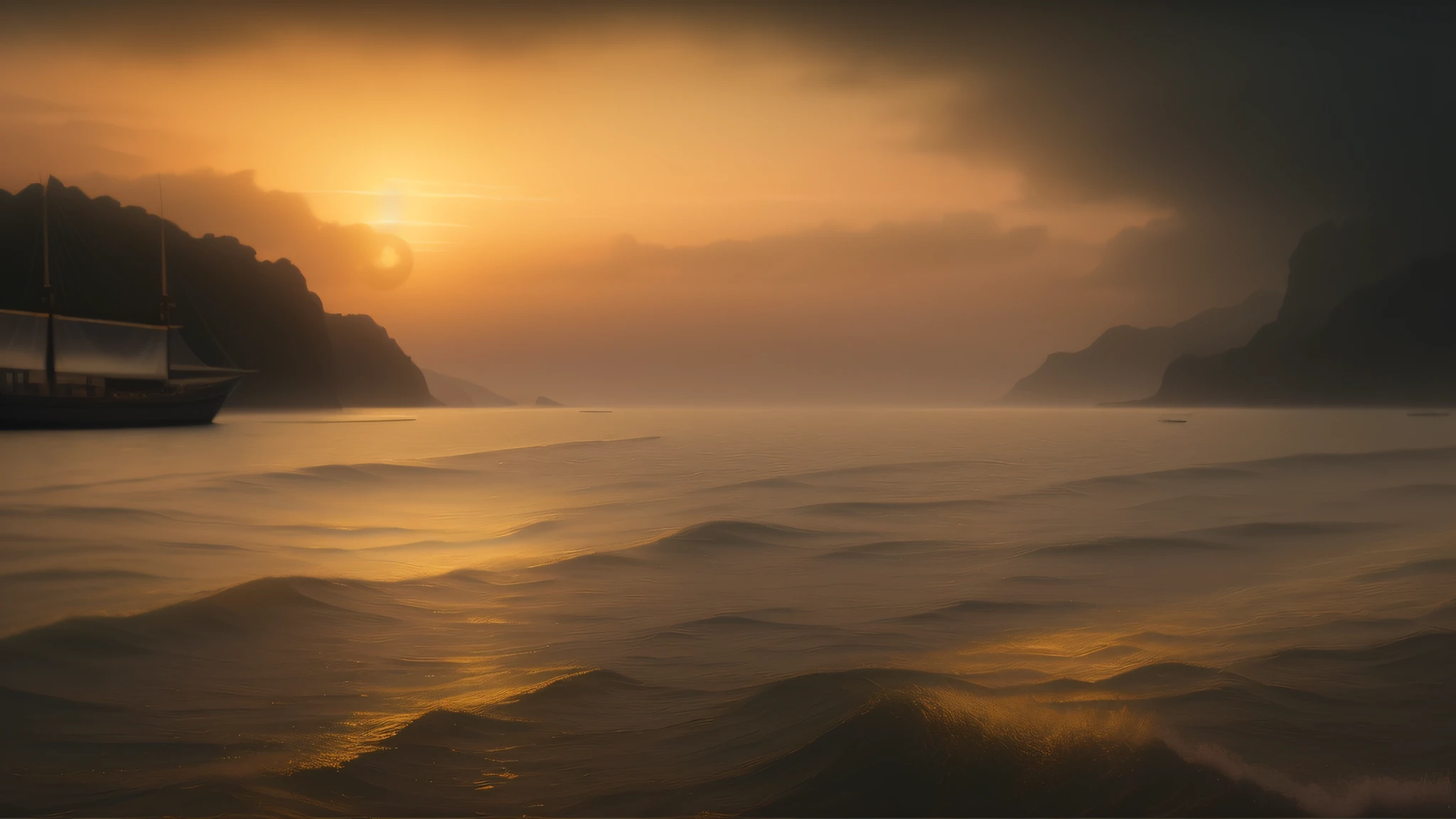 there is a boat that is going down the river at sunset, inspired by Henri Biva, ocean, atmospheric. digital painting, golden hour background, dreamy painting, matte painting, beautiful matte painting, matte digital painting, dawn background, organic matte painting, 4k hd matte digital painting, inspired by Ivan Aivazovsky, digital matte painting