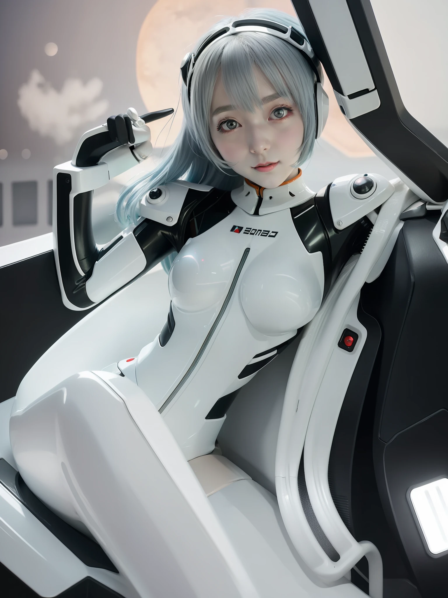 masterpiece, top quality, 1girl, ayana milei, eva00plugsuit, interface headset, viewer gaze, light smile, city park, upper body, giant moon, midnight, 15 years old, Japan person, light blue hair