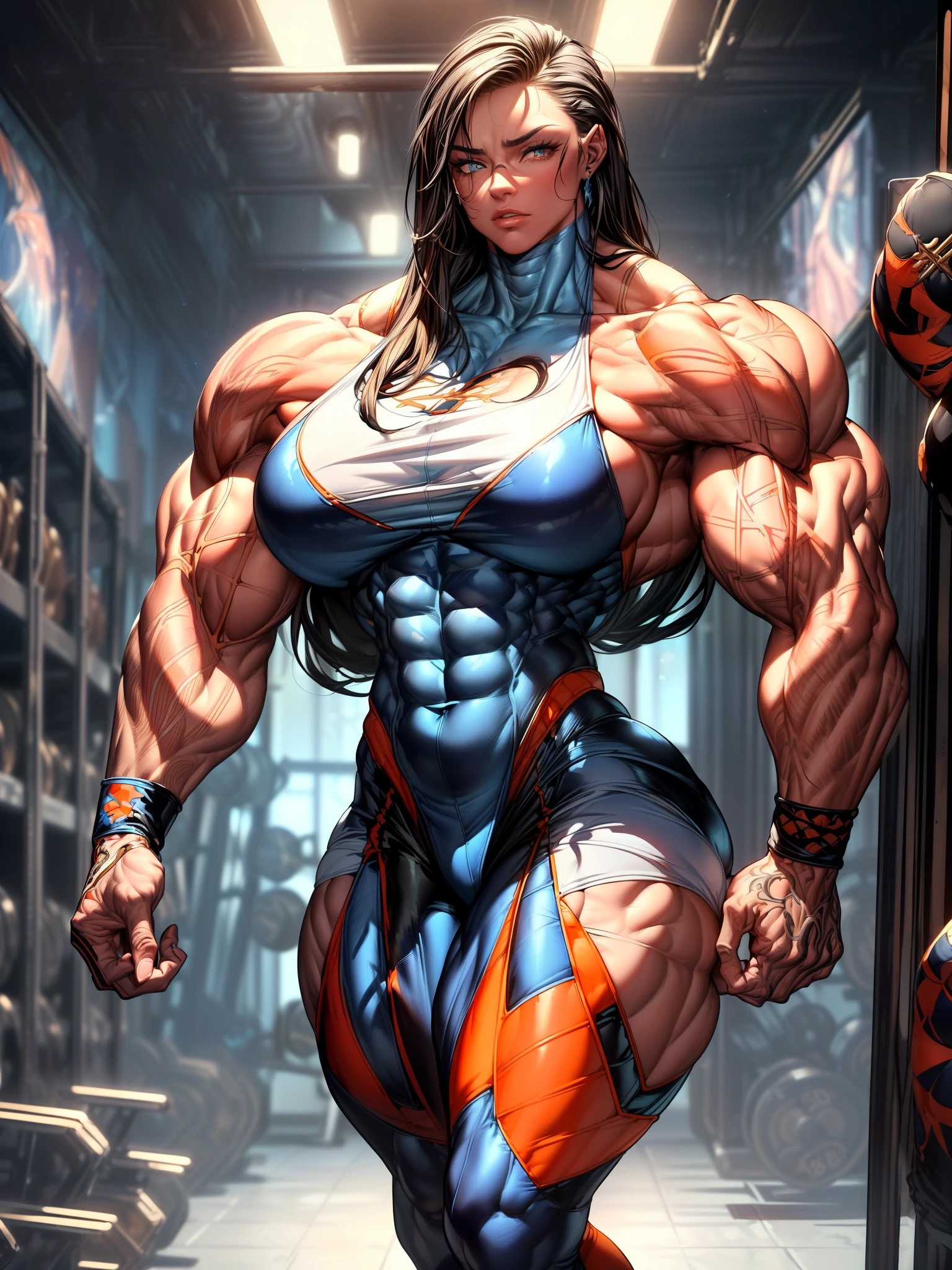 high contrast, (8K UHD:1.2), (photorealistic:1.2),(masterpiece:1.4), (best quality:1.4),extremely detailed wallpaper, highly detailed illustrations, ((1 Girl)) , (super-complex details) , 4K unified, (masterpiece:1.2), (best quality:1.2), (1woman), (masterpiece), ((super detailed skin, 8k, perfect body, soft and round breasts, sovereign ass, thick thighs), (tall woman), ((trail picture like the blue suit girl. (((Make the suit and orange and black glossy color so the muscles will show greatly.!))) (uncensored),((upper body)) ,(muscular thigh:1.9, muscular arm:1.9, muscular abs, vein),(((big body :1.9, muscular:1.9,body builder:1.9))),((latex dress)),((tight dress))
