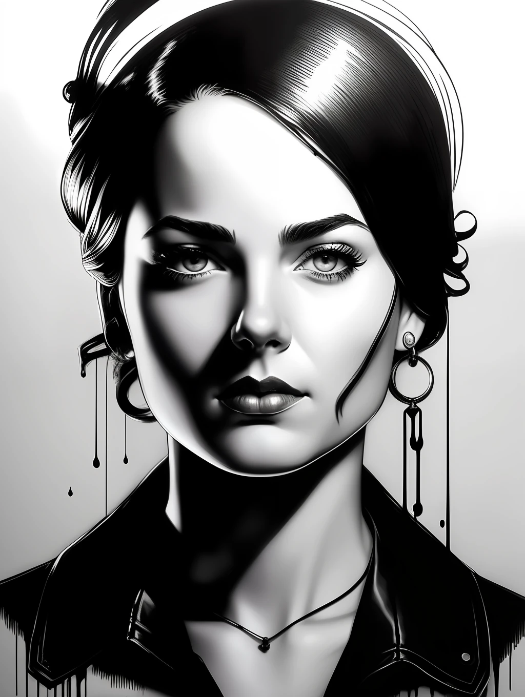 Ballpoint portrait sketch black, dripping, in the style of Norman Rockwell, JC Leyendecker, Jordan Grimmer