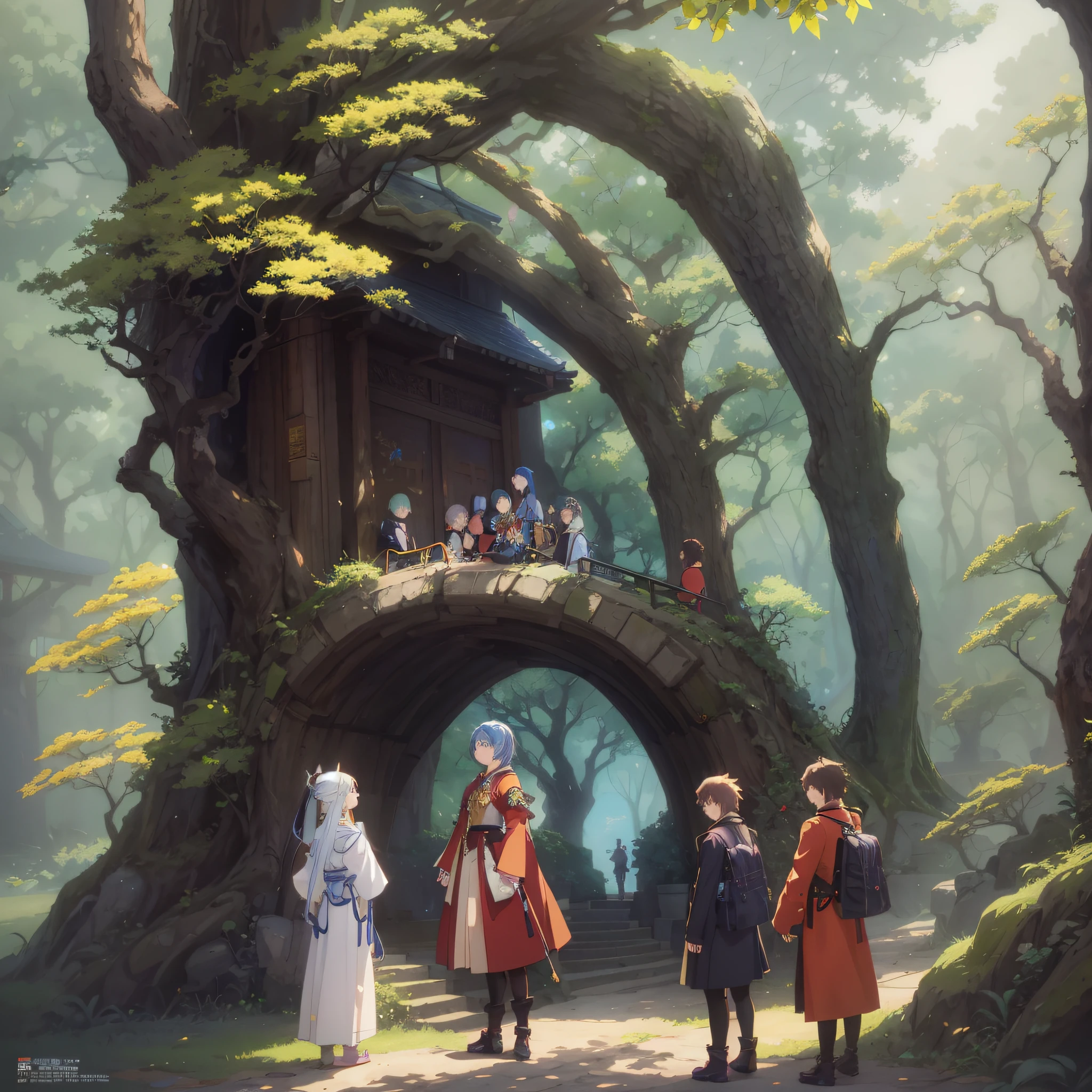 anime scene of a group of people standing in front of a tree, by Kamisaka Sekka, official art, key art, anime fantasy illustration, high detailed official artwork, official concept art, official illustration, 2. 5 d cgi anime fantasy artwork, anime fantasy artwork, anime key visual concept art of, official anime artwork, zerochan art, anime key visual concept
