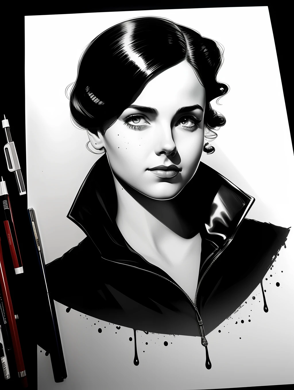Ballpoint portrait sketch black, dripping, in the style of Norman Rockwell, JC Leyendecker, Jordan Grimmer