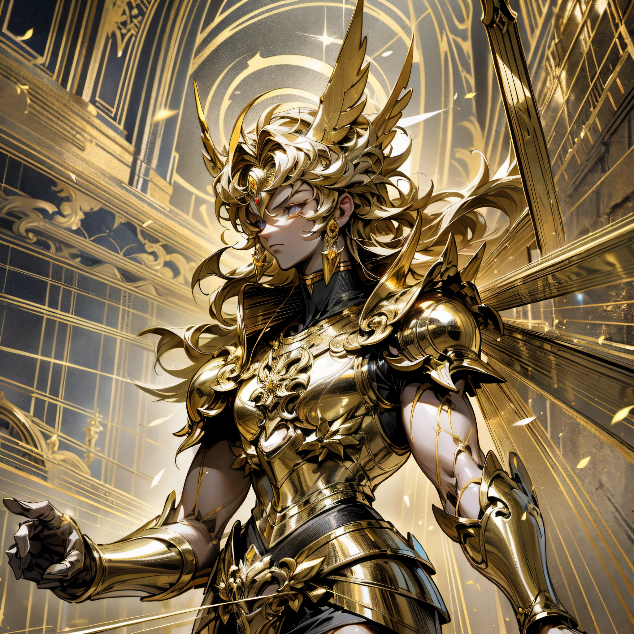 Golden Saint Seiya male, Wear a golden holy robe, Stand in front of the Temple of Athena, combat posture, Gothic art, ray tracing, god rays, UHD, high details, best quality, highres --auto --s2