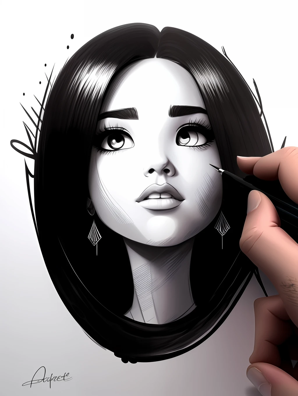 Ballpoint portrait sketch black, dripping, in the style Pixar art style