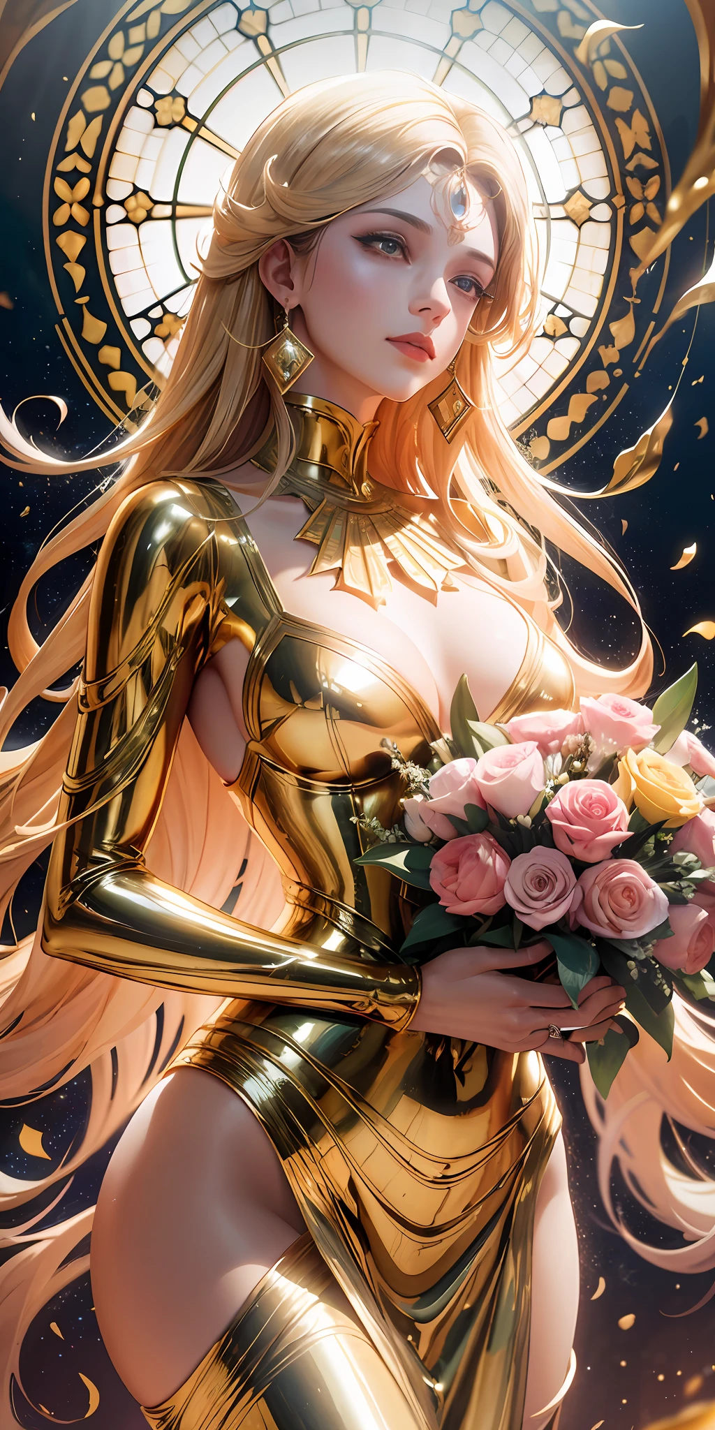 a delicate gilded marble statue of a stunning woman, holding a bouquet of gilded tulips, highly detailed, sublime shapes, fluid colors, color explosion, lavish, intricate fine decorations, anime style, watercolor, perfectly structured, volumetric natural lighting, golden hour, dynamic angle and composition, natural proportions, good anatomy, depth of field, done in Ibis Paint X, 2d illustration, nice and perfect face