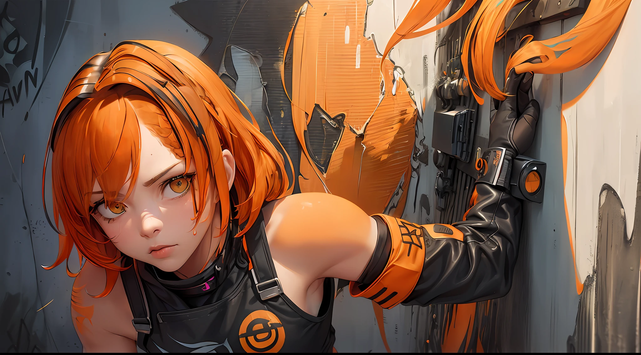 (Masterpiece: 1.2), best quality, (illustration: 1.2), (ultra-detailed), eye focus, (masterfully crafted brightness, pink lens brightness), (cinematic background), hyper details, (delicate detailed), (intricate details), octane render, hdr, (hyperdetailed: 1.15), (color))), (soft light: 1.2), 1girl, (lynx ears: 1.3), (lynx girl), (cat tail: 1.5), beautiful girl, ultra detailed eyes, mature, fat, thick, rainbow paint drops, ink teardrops, woman made of paint, entirely paint, splat, splash, (out), (bob cut: 1.5), (bright eyes: 1.2), ((makeup)), (cinematic masterpiece), fierce, powerful, absolutely attractive splashes of color, (cinematic headlight), (realistic lighting of heels: 1.2), ((caustic)), dynamic angle, beautiful detailed brightness, ambient occlusion, ambient light, raytraced reflections, (better lighting, an extremely delicate and beautiful light), ((cinematic light)), (soft: 2), (whimsical:2) , intricate, vibrant, dreamscape, (graffiti painting:1.3), (bright tail), (painted cityscape), (urban),(realistic urban fashion), (expressive:1.2), fitness, athletic, (mirrored world), (long black hair, fluid:1.1), wavy, voluminous and messy hair, (orange hair highlights), bright headphones, beanie, (graphite wall), unfinished graphite, ghetto,(looking at the wall:2), black hood, (back wall present),(holding spraycan:1.3), (colored mist), buckles, belts, straps, a girl in front of a graffiti wall, cyberpunk art, (by LAM), Mika Pikazo, graffiti, techwear jacket, black gloves, with buckle and duct tape, (orange hair:2), no shirt, orange pants glued, anine pose, wet skin, bikini