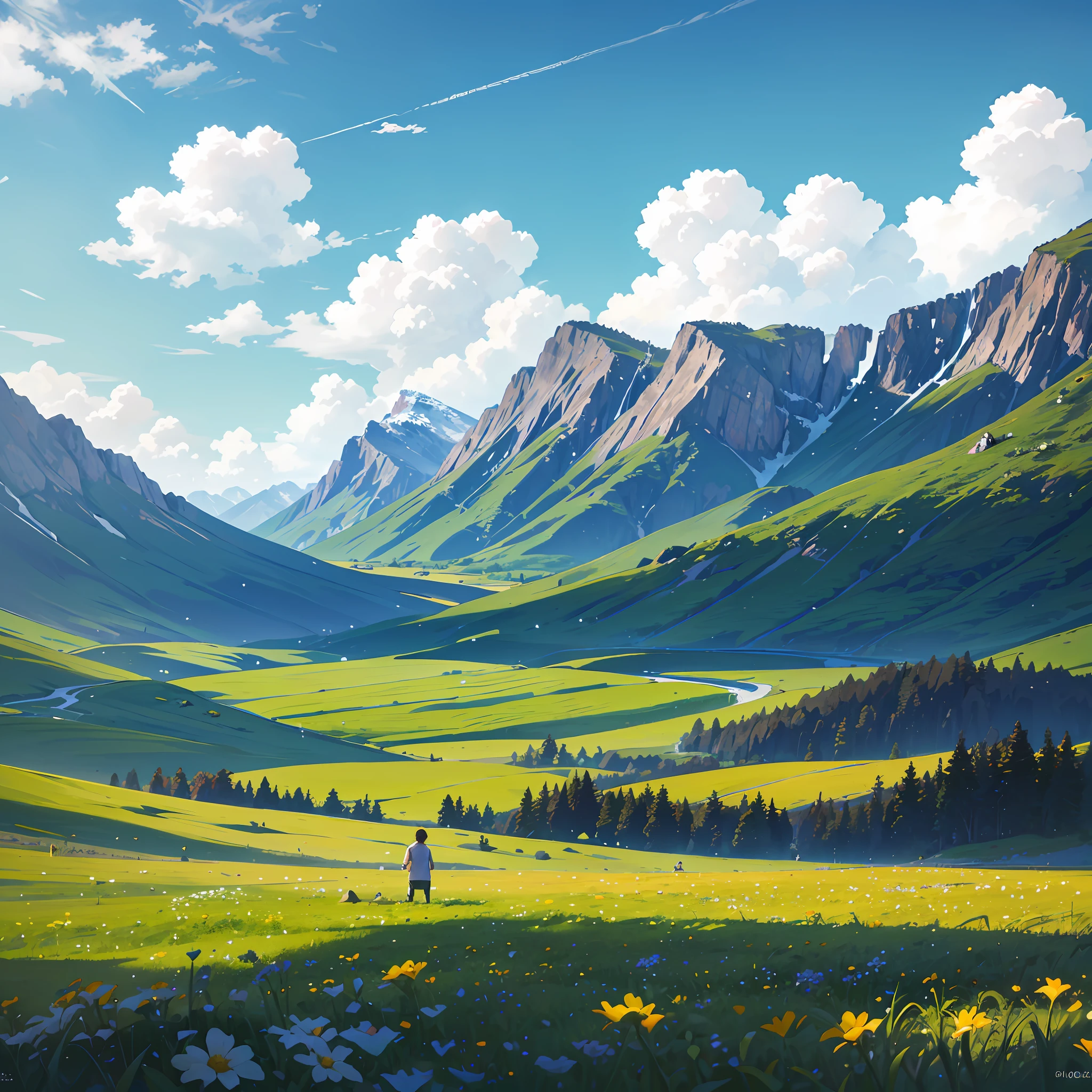 Summer, meadows, some small flowers, clear lakes, sheep, sky, big clouds, blue sky, warm weather, HD detail, hyper-detail, cinematic, surrealism, soft light, deep field bokeh focus, distant views are snowy mountains, ray tracing and surrealism, smiling man and woman fitness training, reality, realistic, --auto --s2