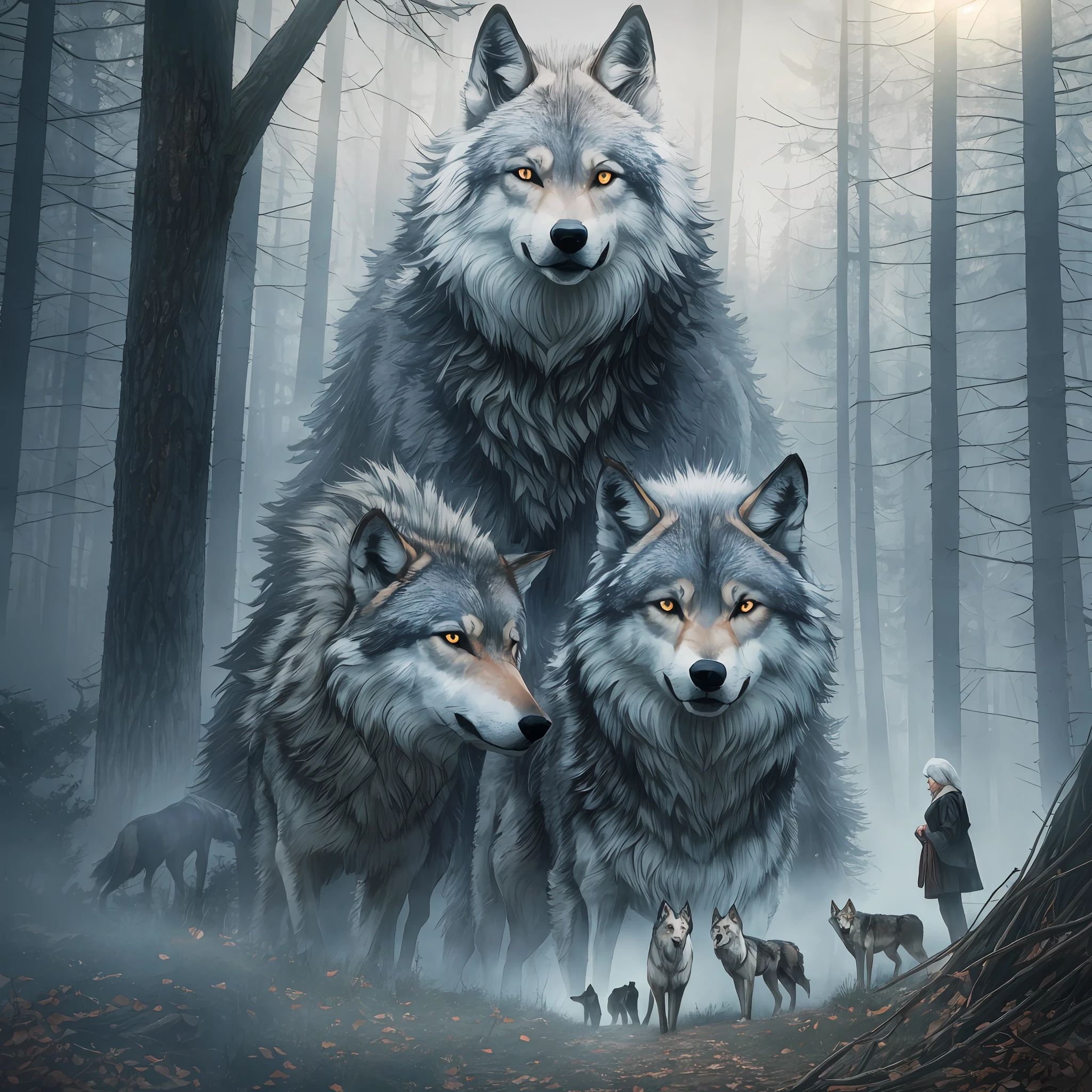Rustic trees with wolves and a woman among them with white hair curled up with grayish sky and lots of fog super realistic image that conveys fear the dark night very realistic dark image