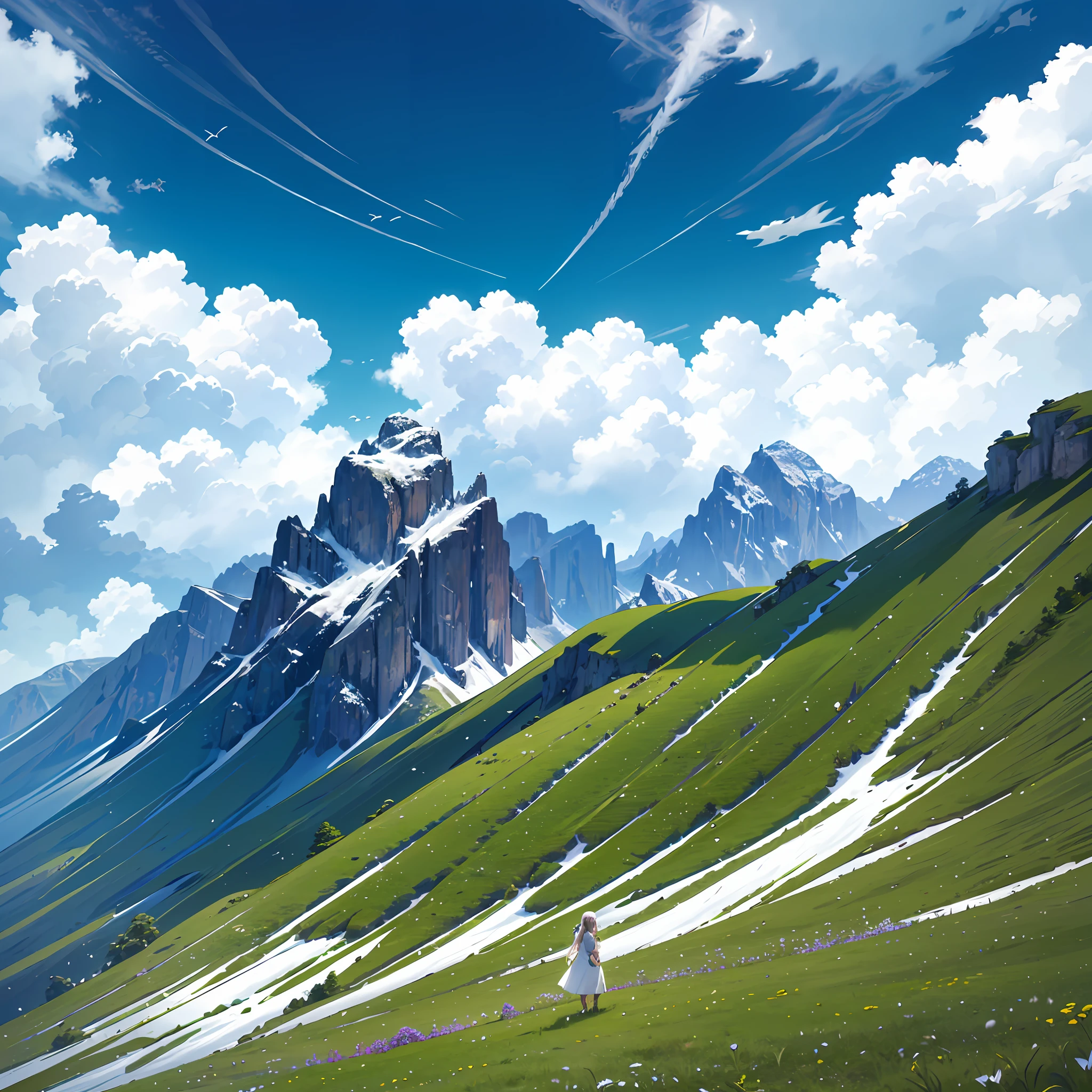 Summer, meadows, some small flowers, clear lakes, sheep, sky, big clouds, blue sky, warm weather, HD detail, hyper-detail, cinematic, surrealism, soft light, deep field bokeh focus, distant views are snowy mountains, ray tracing and surrealism, smiling man and woman fitness training, reality, realistic, --auto --s2