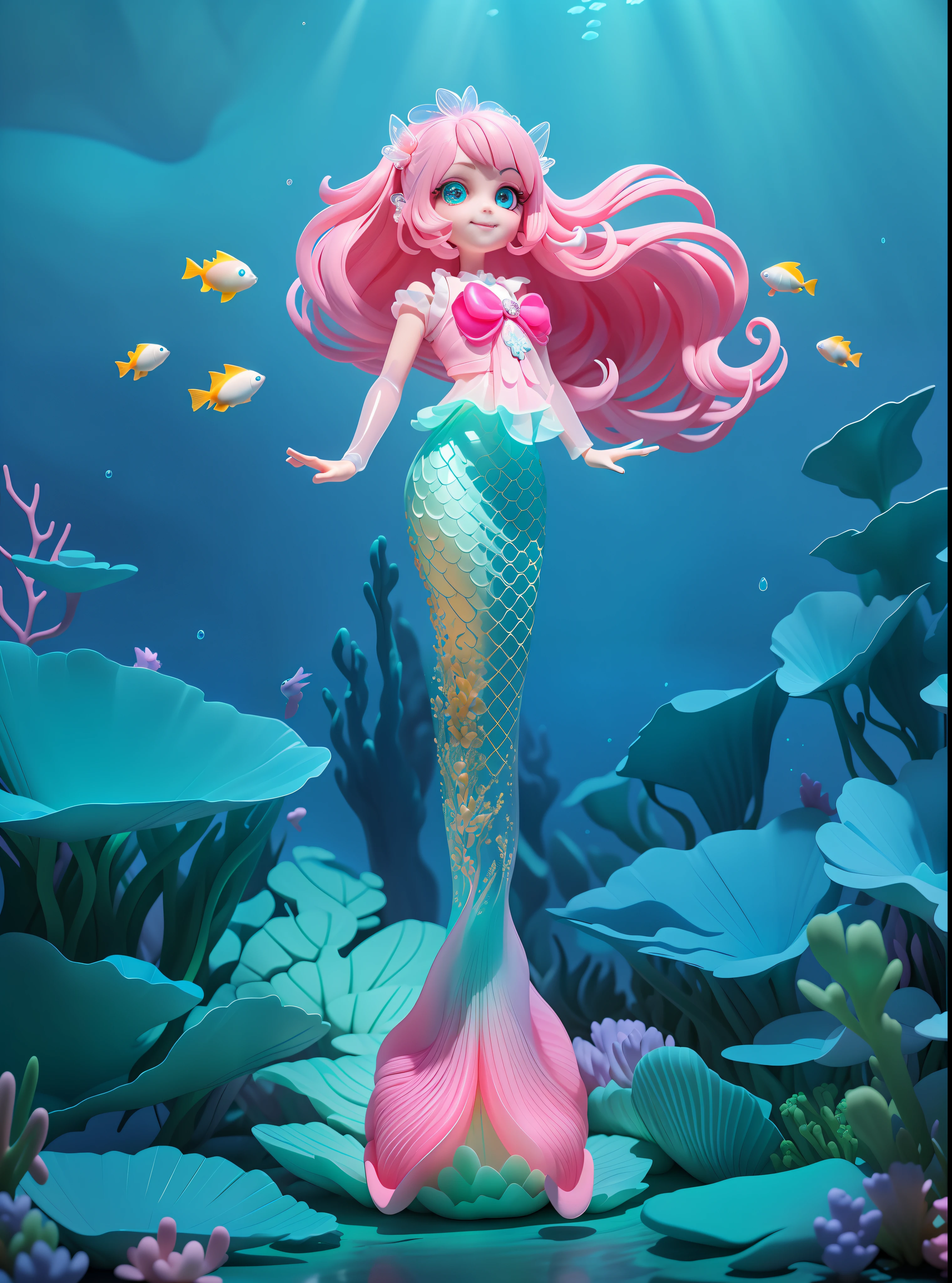 Detailed plastic material, masterpiece, best quality, (very detailed model), (best quality), octane rendering, ray tracing, very detailed, 3d toy, (fish tail) exaggerated huge hair, mermaid, fish tail, smile, little girl, perfect face, (full body) (3D hair, cute hair accessories, ((Tyndall light)), beautiful eyes, cute big eyes, cute face, pink green gradient, chib, fluorescent translucent, colorful, plastic, transparent, product design, glowing jelly, Delicate and cute plastic, beautiful light and shadow 3d, digital art, translucent plastic bubblegum, close-up, 3d, super detailed, c4d, octane rendering, blender, hd, full body, underwater background! (Extremely detailed details) (masterpiece) (stand up straight) smile, tight glowing clothes, underwater background, underwater blisters, glowing fish, elegant face, beautiful face, delicate hands, delicate and delicate hands, elegant face, graceful face, finely carved face, pupils clearly visible, white eyeballs, dark eyes, pink hair translucent, delicate fine arms, perfect eyes, delicate eyes, extremely detailed eyes