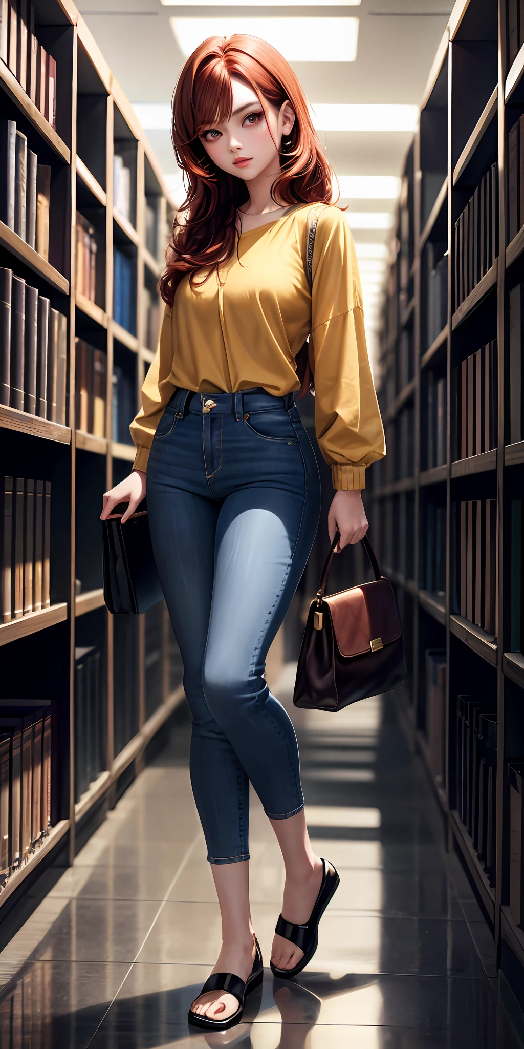 1girl, brown eyes, full body, library as a background, medium red hair, no boobs, white skin, yellow shirt, jeans, long eyelashes, eyeshadow, small face, big eyes
