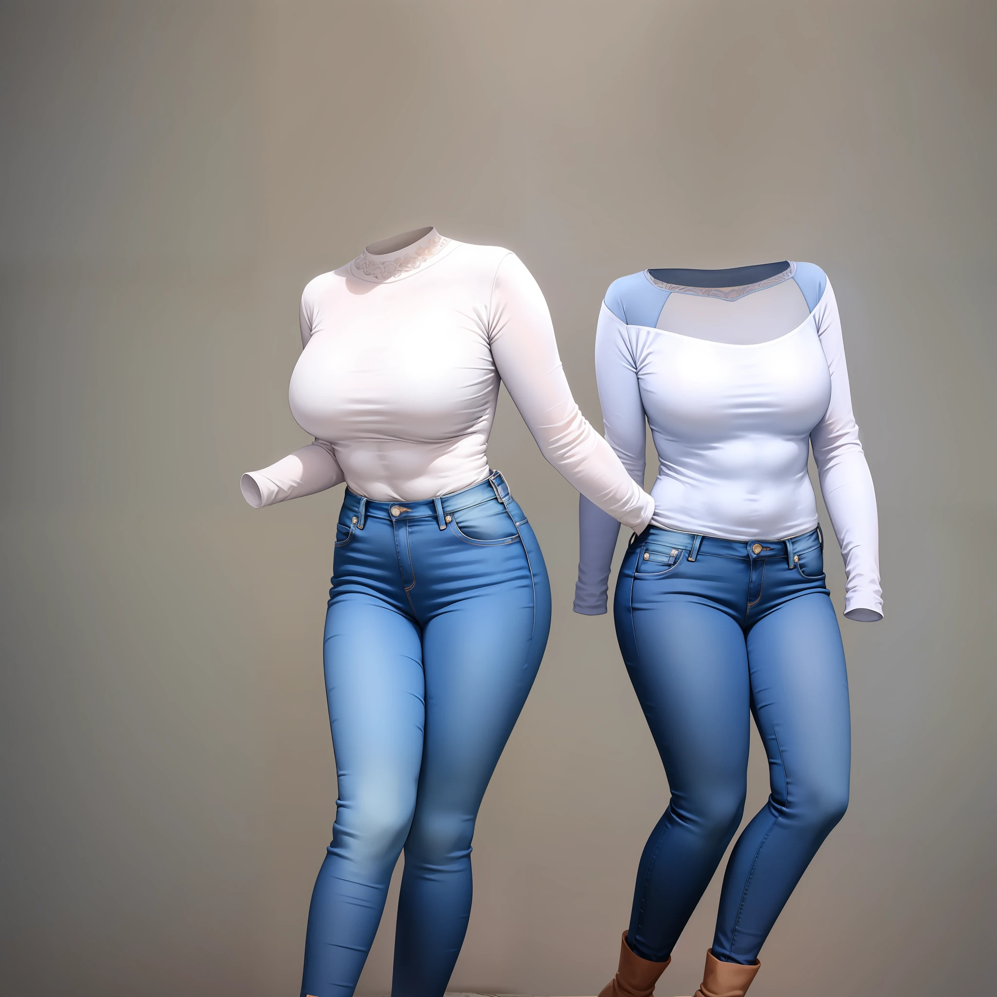 invisible, headless, faceless, masterpiece, best quality, navy-blue skinny jeans, white boots, pink blouse, large breasts, sexy, simple background, single background