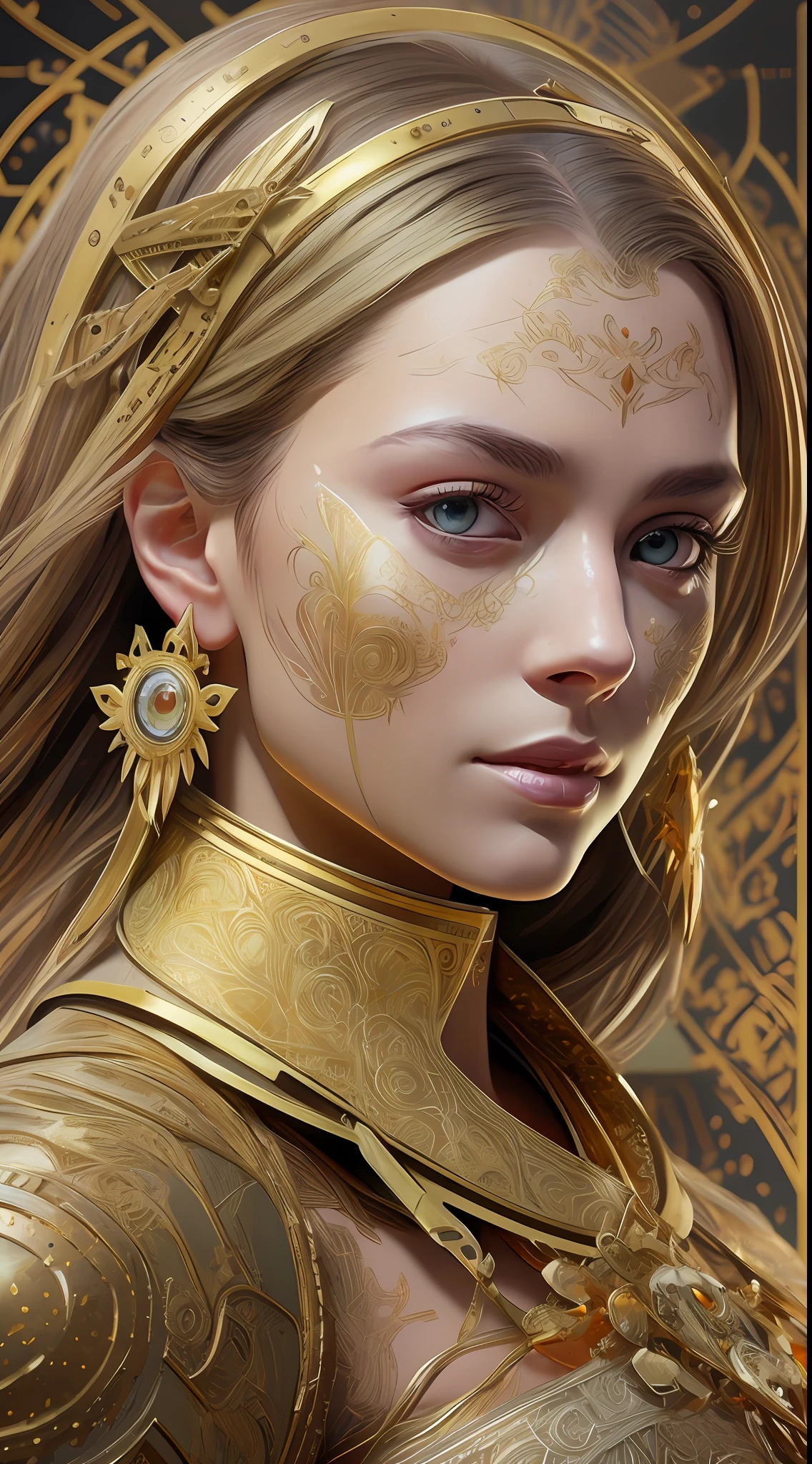 Mercy overwatch,Beautiful portrait of a gorgeous Princess, beautiful princess, round shaped face, round button nose, glowing glass skin, sparkling hazel green eyes, highlighted chestnut brown long straight hair, adorned in intricate golden jewelry, confident half smile, face painting, dramatic lighting, intricate, wild, exotic beauty, highly detailed, digital painting, artstation, concept art, smooth, sharp focus, illustration, art by artgerm and greg rutkowski and alphonse mucha, footage from space camera