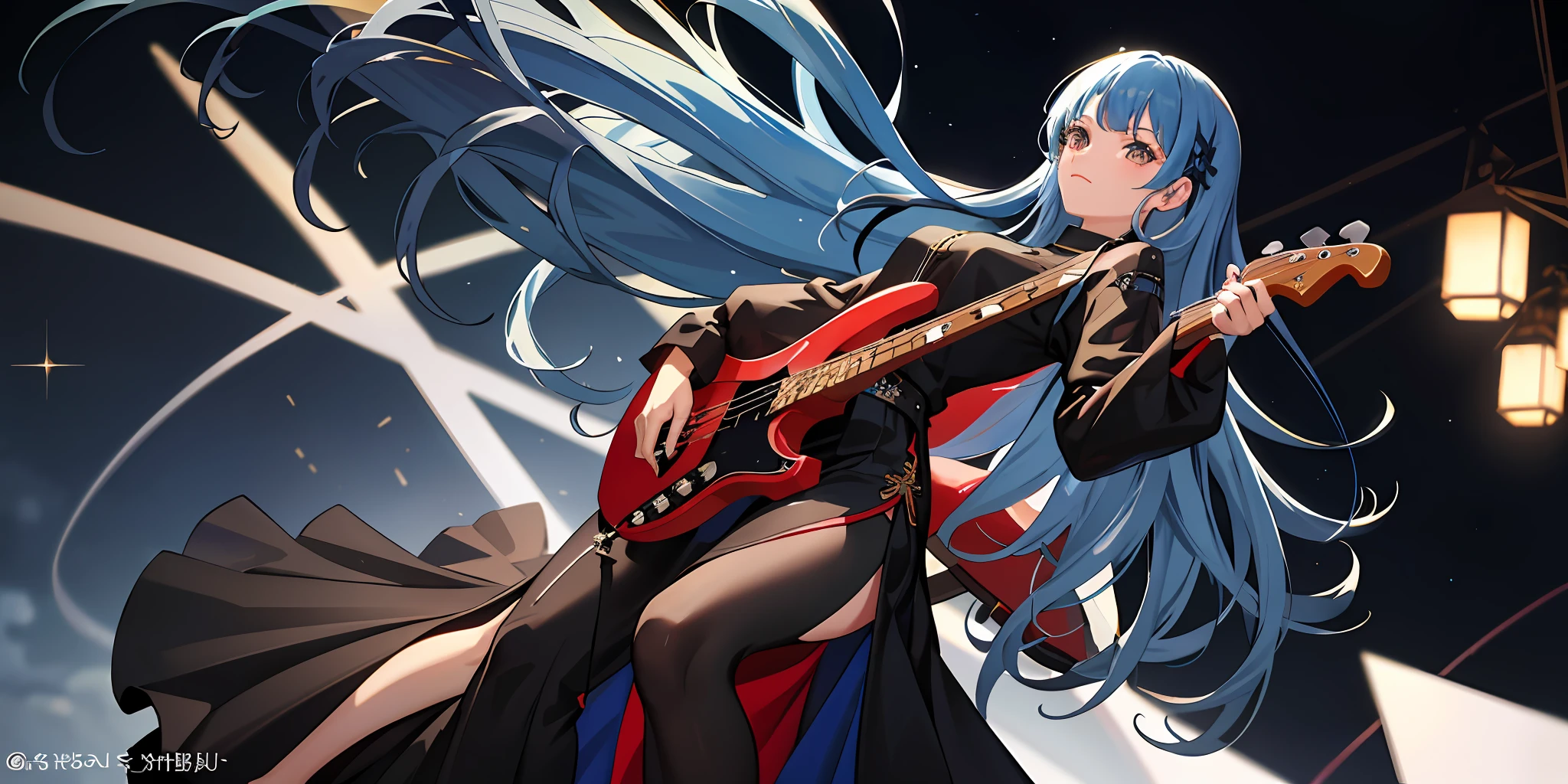 masterpiece, best quality, masterpiece, LLChar, one woman,college girl,blue hair, brown eyes, long hair, with red bass guitar,black clothes,old clothes,long skirt,bangs, glitter,side slit, hands-up,