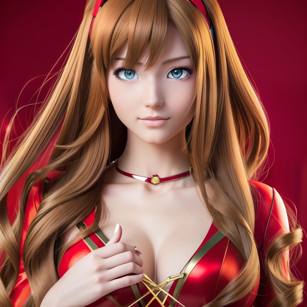 a woman in a red suit with long hair, beautiful asuka from evangelion, asuka langley soryu, asuka langley sohryu, asuka langley souryuu, asuka langley, asuka from evangelion, portrait of asuka langley soryu, asuka suit under clothes!, beautiful android woman, perfect anime cyborg woman, evangelion,Extremely realistic and real image, extreme image quality, extremely realistic and real, image with very high quality and very high definition, image made by Canon camera, photo, photography, realism, reality, photo, photography 16k extremely realistic and real image of a beautiful and elegant woman in a red suit. Her long hair frames her beautiful face, and her eyes shine with intelligence and grace. With perfect hair and makeup, she looks like she's the perfect android woman. This photo was taken by a Canon camera and has very high quality and definition. It's the kind of image that makes you stop and stare in awe at her beauty --auto --s2