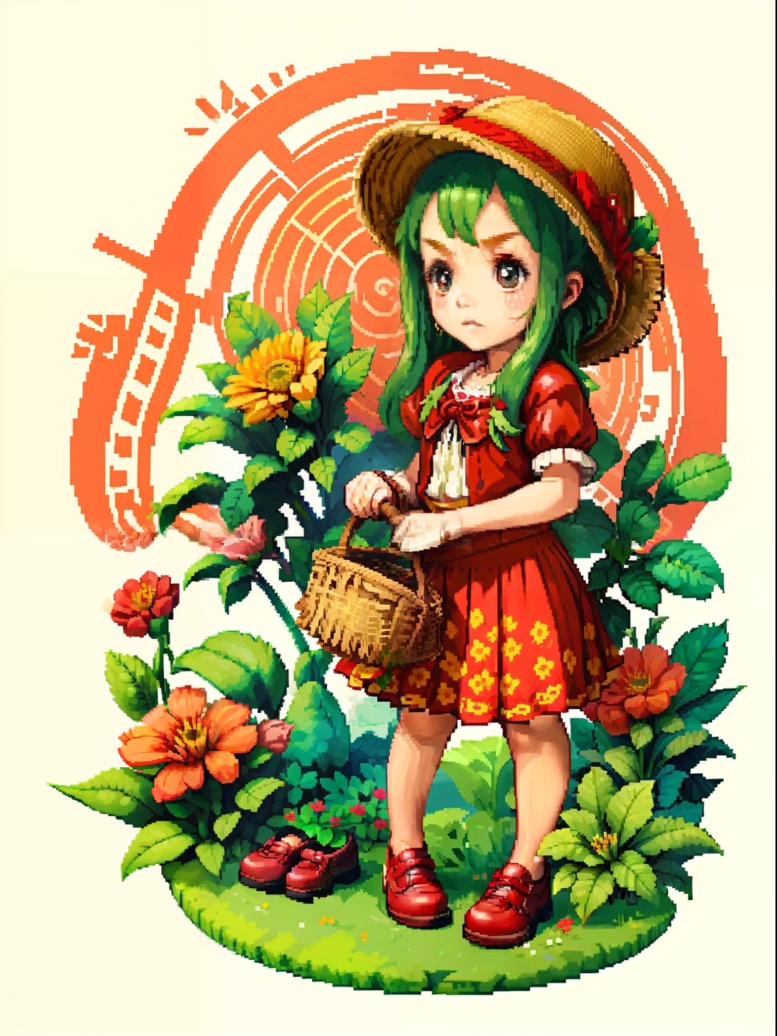 A Q version of a little girl, straw hat, flower basket, floral skirt, little red leather shoes, (((strong pixel style)))