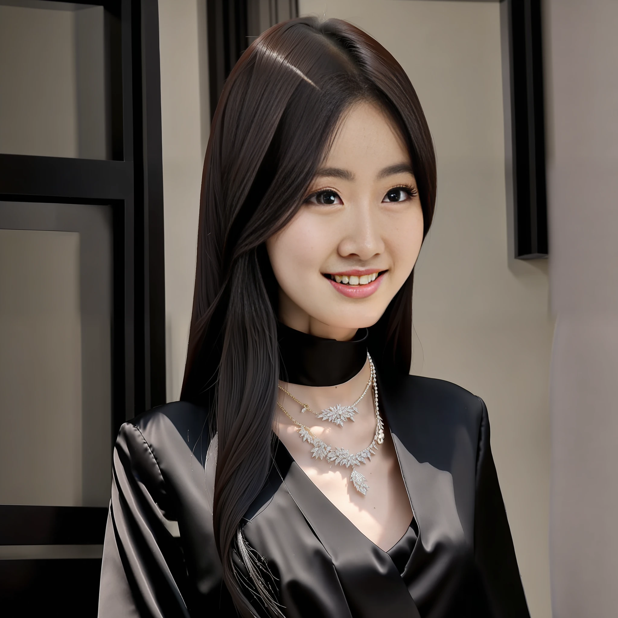 (Best Quality, 8k, 32k, Masterpiece, UHD: 1.2), Photo of a Beautiful Chinese Woman, A Woman: 1.5, (Detailed Face: 1.1), Simple Black Suit, Looking at the Viewer, Full Body Photo: 1.3, Necklace, Dress Shirt, Smile, Lower Body Long Skirt, Slim Figure, Long Legs, High Heels: 1.4, Tall: 1.6