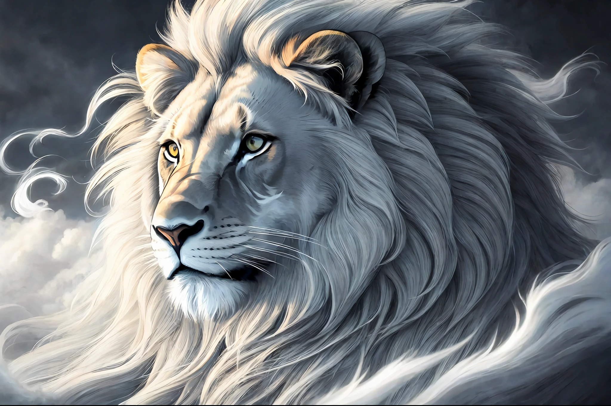 ((Best quality)), ((masterpiece)), ((realistic cartoon)), ((perfect character)):

A mesmerizing and captivating illustration emerges before you, showcasing a magnificent lion formed entirely of billowing white smoke. The delicate tendrils of smoke gracefully intertwine, meticulously shaping the regal features of the lion's face, its majestic mane flowing in ethereal wisps. Every detail of this smoke-formed lion is rendered with astonishing realism, as if the spirit of the lion itself has been embodied in the delicate haze. Against a backdrop of absolute darkness, the contrast between the white smoke lion and the black void creates a striking and dramatic effect. Prepare to be enthralled by this remarkable work of art, a true masterpiece in the realm of realistic cartoon creations.

Eye level, scenic, masterpiece.