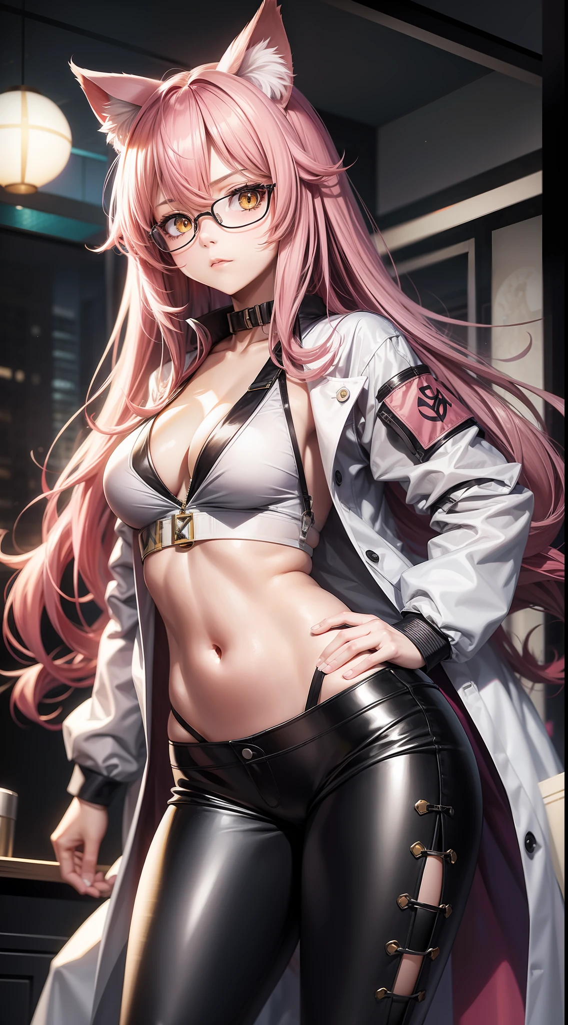 Young girl, long pink hair, yellow eyes, cat ears, glasses, lab coat, pants, open belly, serious look, masterpiece, high quality