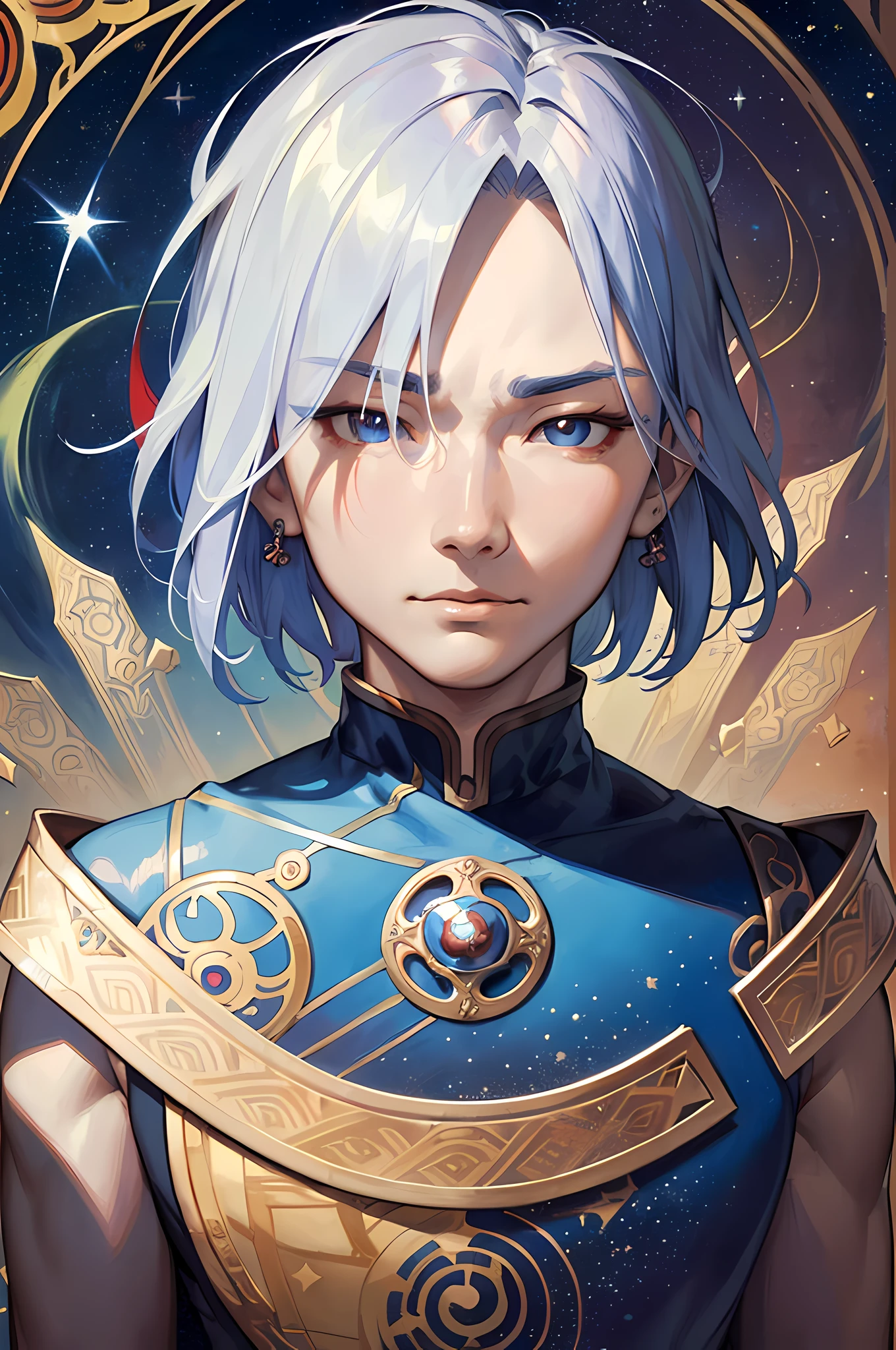 face portrait of an asian guy, shoulder length wolfcut hair, platinum hair, deep blue red eyes, starry universe frame, decorative panels, abstract
art, by Alphonse Mucha
(Masterpiece, Best quality, Elevation:1.4), Detail, Intricate detail, 4K, color splash, line art, fibonacci,