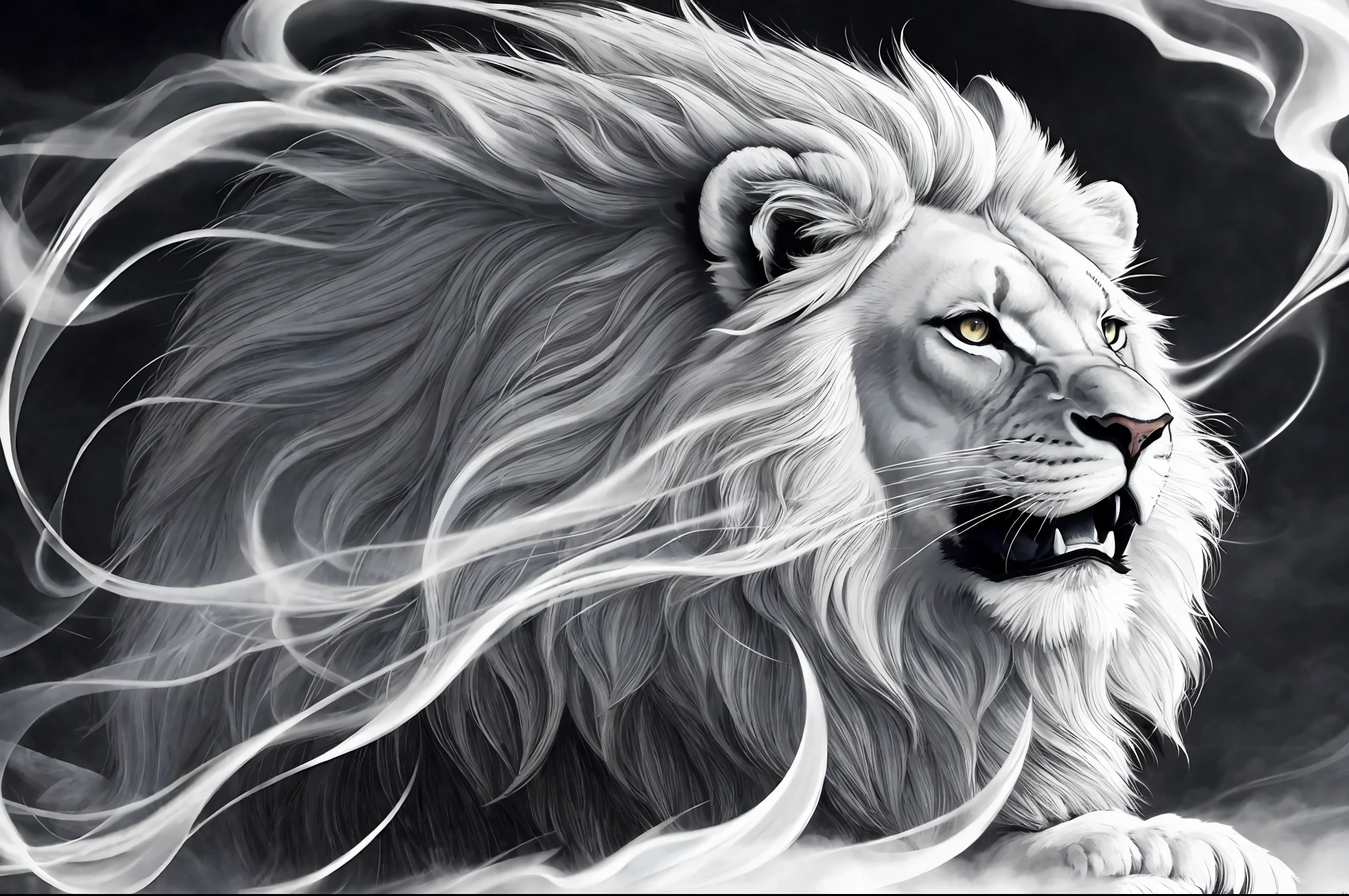 ((Best quality)), ((masterpiece)), ((realistic cartoon)), ((perfect character)):
A mesmerizing and captivating illustration emerges before you, showcasing a magnificent lion formed entirely of billowing white smoke. The delicate tendrils of smoke gracefully intertwine, meticulously shaping the regal features of the lion's face, its majestic mane flowing in ethereal wisps. Every detail of this smoke-formed lion is rendered with astonishing realism, as if the spirit of the lion itself has been embodied in the delicate haze. Against a backdrop of absolute darkness, the contrast between the white smoke lion and the black void creates a striking and dramatic effect. Prepare to be enthralled by this remarkable work of art, a true masterpiece in the realm of realistic cartoon creations.
Eye level, scenic, masterpiece.