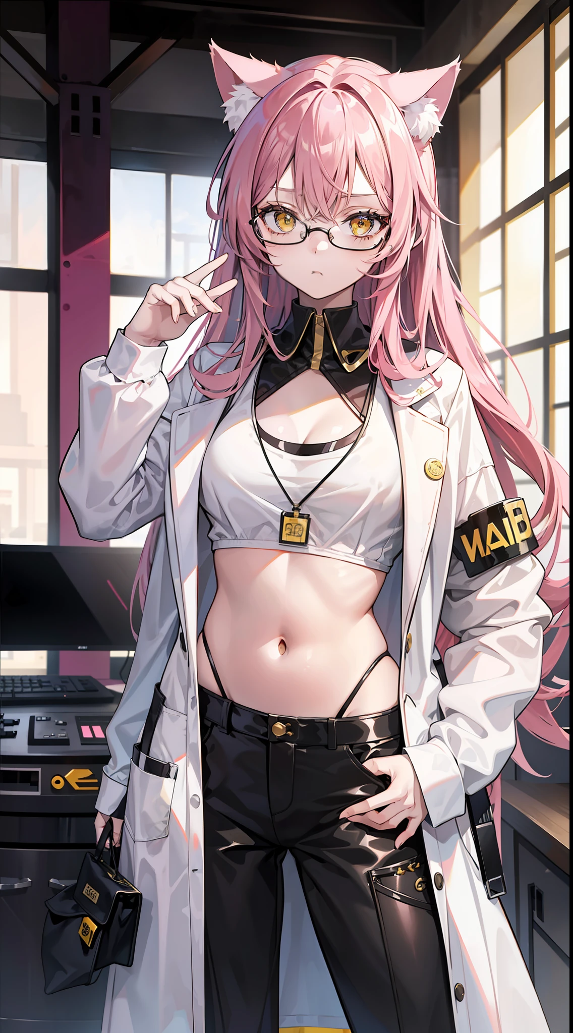Young girl, long pink hair, yellow eyes, cat ears, glasses, lab coat, pants, open belly, serious look, masterpiece, high quality