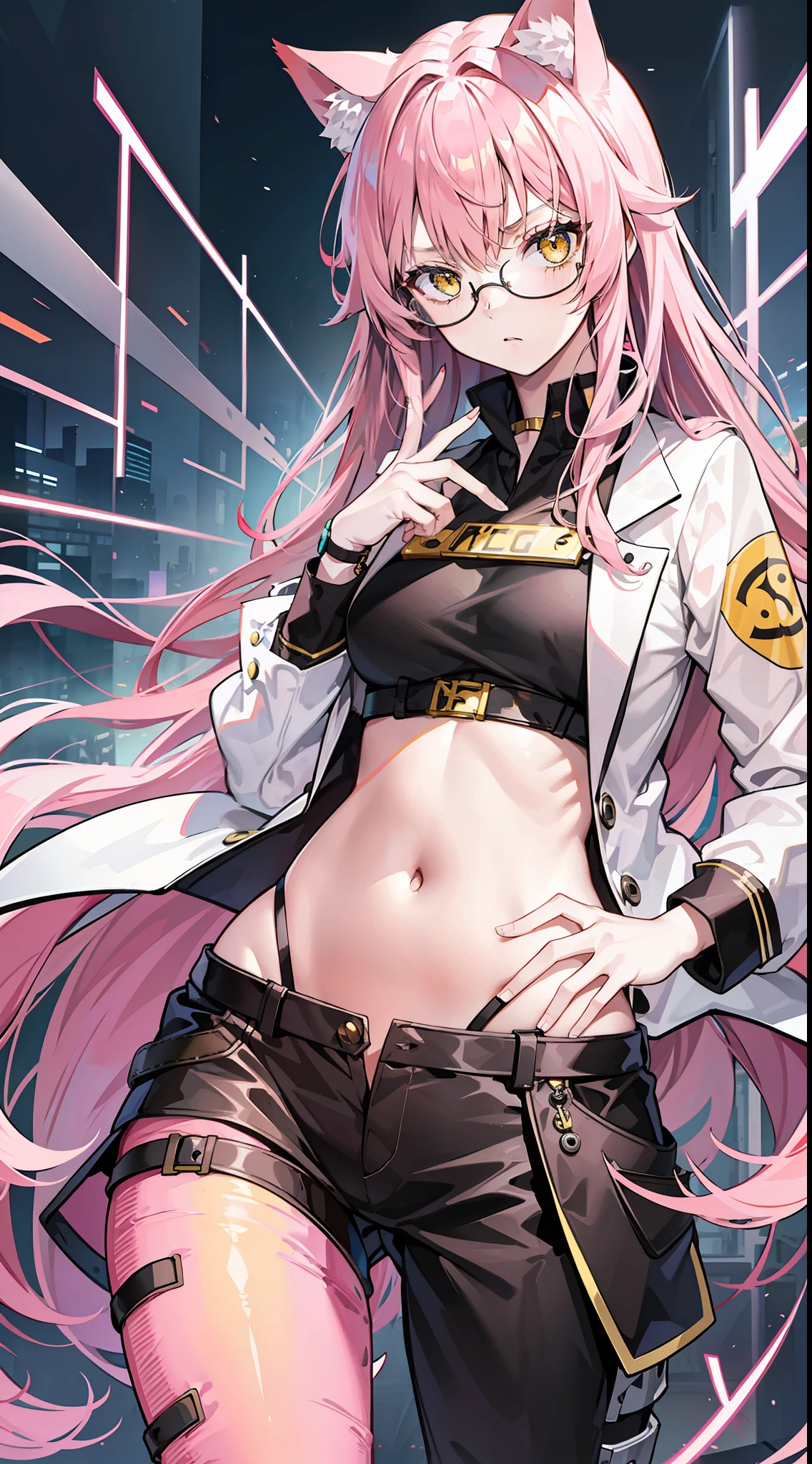 Young girl, long pink hair, yellow eyes, cat ears, glasses, lab coat, pants, open belly, serious look, masterpiece, high quality