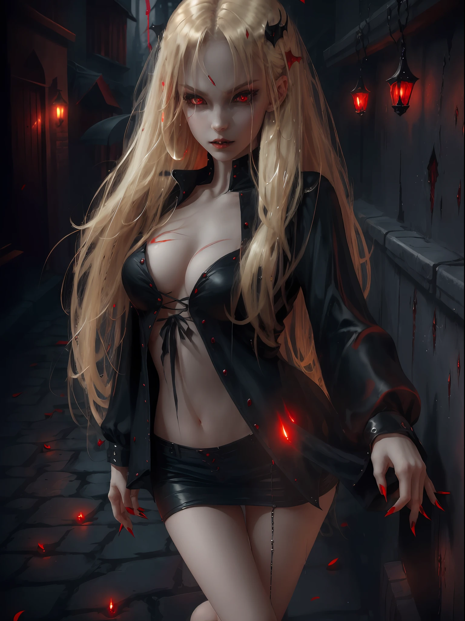 A sexy vampire in short black clothes, staring at the viewer, full body, flowing blonde hair, menacing gaze and gleaming vampire fangs, blood staining her pale face, big, sharp nails ready to pounce, in a dark alley of a city at night, with intensely mesmerizing red eyes --auto --s2