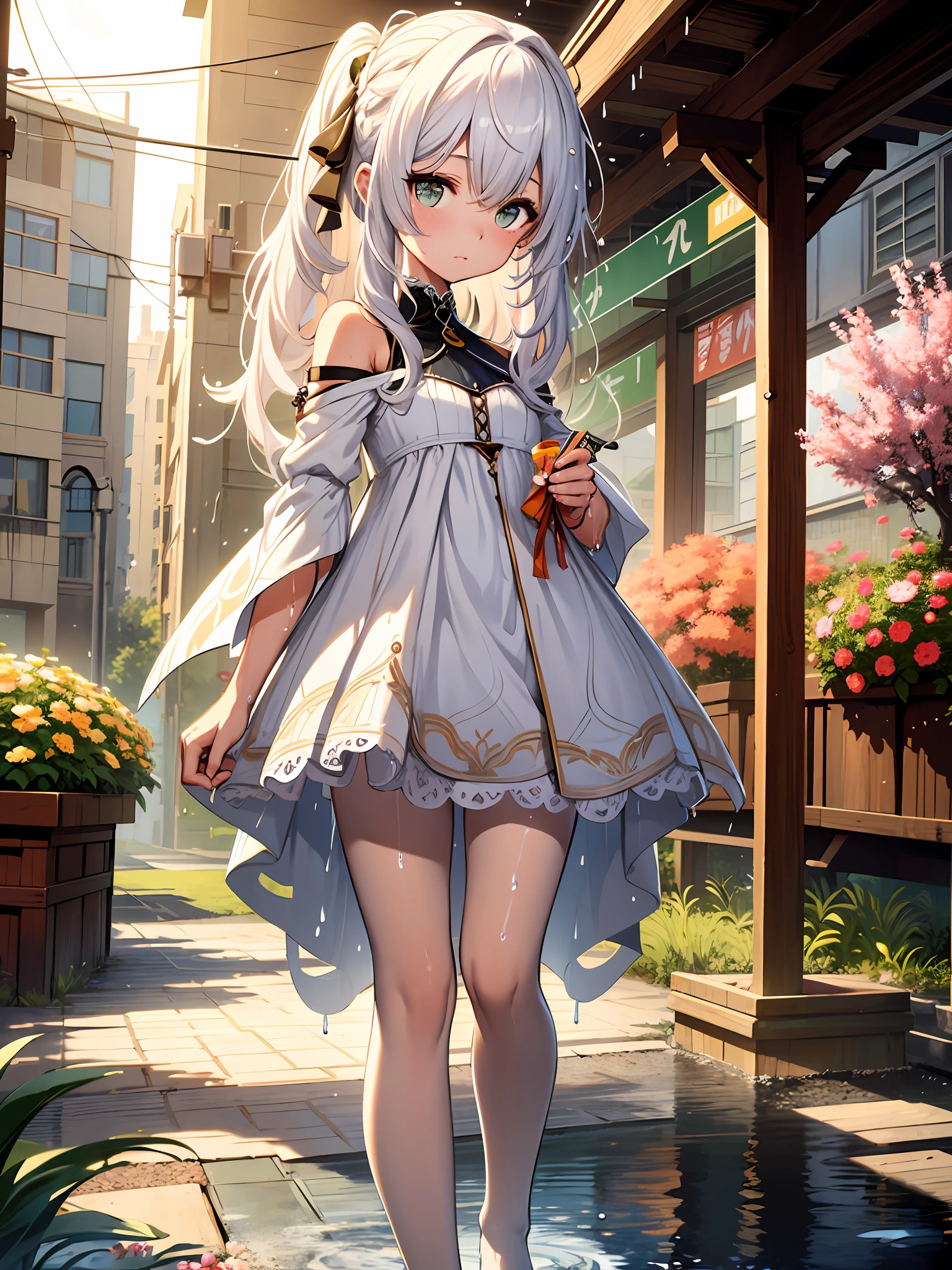 ((Best Quality, 8K, Masterpiece: 1.3)), {{Masterpiece}}, Illustration, Best Quality, Extremely Detailed CG Unity 8k wallpaper, 1girl_solo, full_body, from_below, looking_at_viewer, looking_down, (White pantyhose: 1.3), (Without shoes: 1.3), white hair, (exposed dress:1.3), hair_ribbon, Strong edge light, garden, flowers, rain, clothes splash, (wet clothes:1.5),