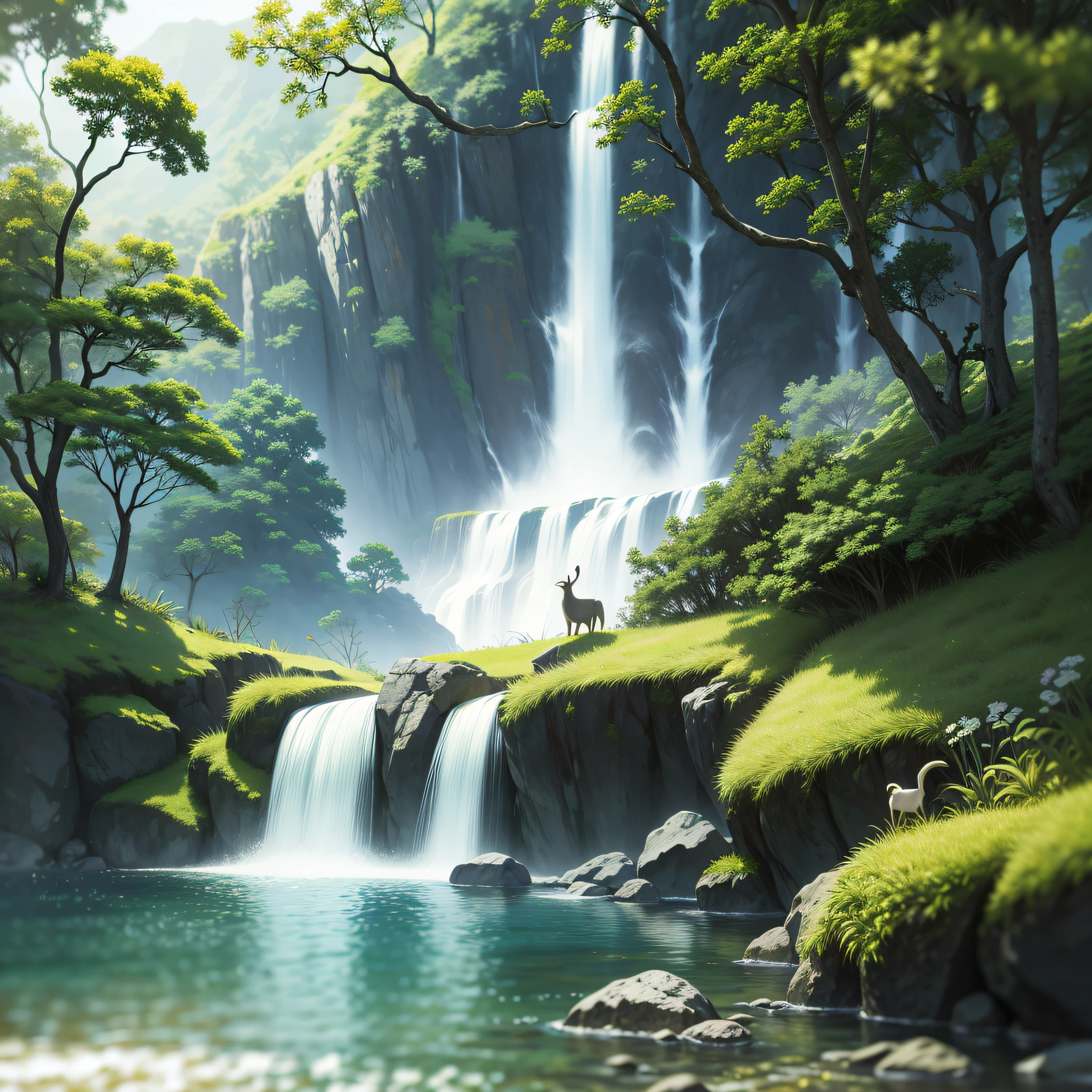 (Masterpiece, Best Quality, High Quality, High Resolution: 1.4), Detailed, Extremely Detailed, Ambient Soft Light,photorealistic, 16K, Blur, Blurred Background, Depth of Field, Bokeh, DOF, Fog, Outdoor Bloom, (Nature, Tropical Forest: 1.2), (Rock: 1.2), Mountais, Plants, Waterfall, Various Animals, Noisy