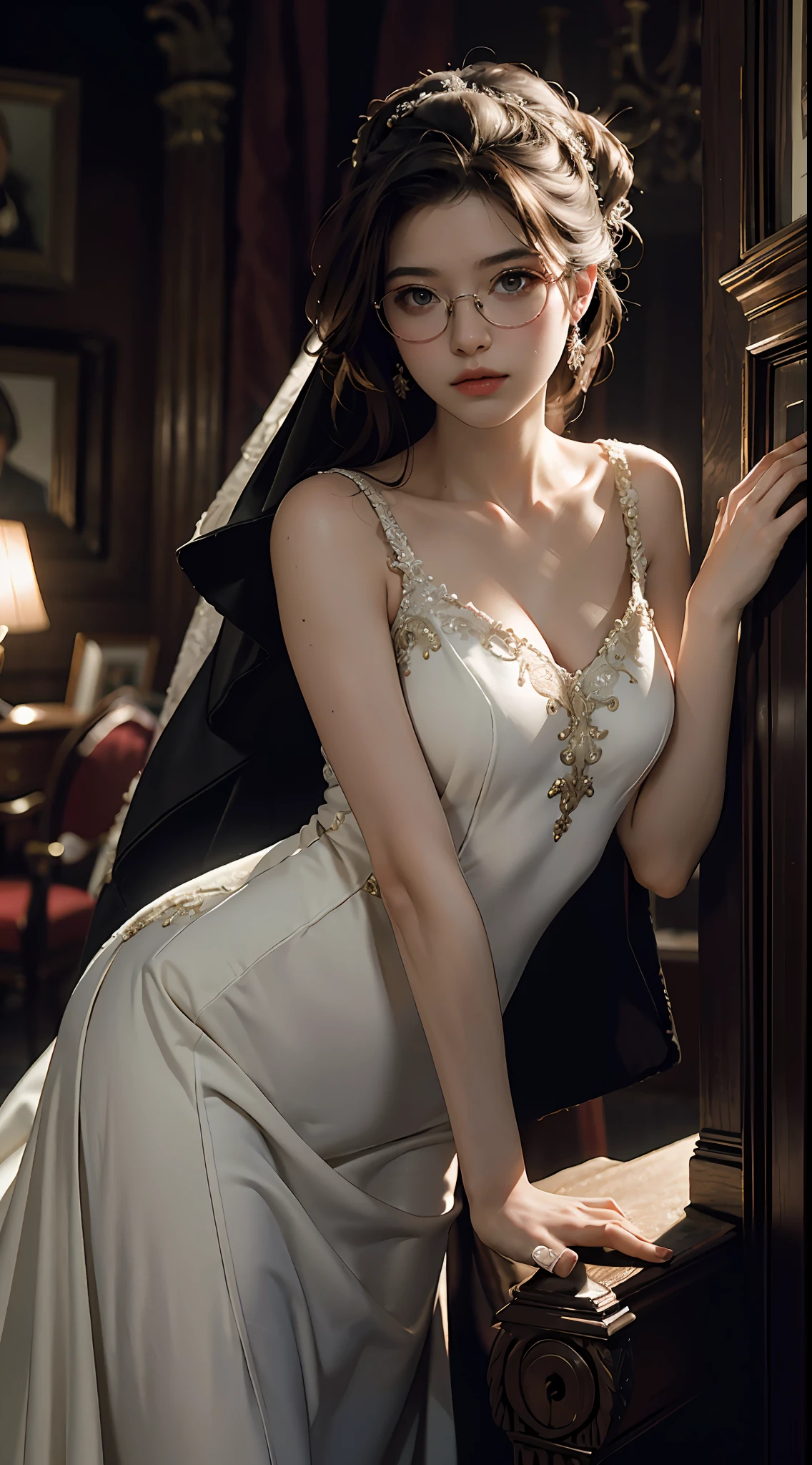Best Quality, Masterpiece, Ultra High Resolution, (Realisticity: 1.4), Original Photo, 1girl, wedding dress, Cinematic Lighting, glasses
