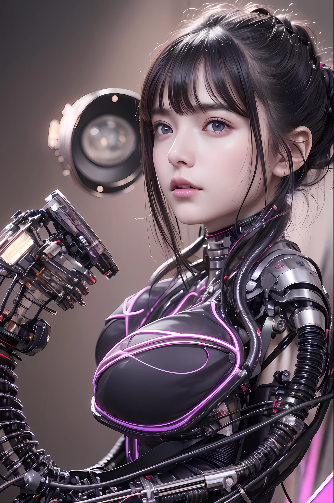 Top Quality, Masterpiece, Ultra High Resolution, (Photorealistic: 1.4), Raw Photo, 1 Girl, Black Hair, Glossy Skin, 1 Mechanical Girl, (Ultra Realistic Details)), Portrait, Global Illumination, Shadows, Octane Rendering, 8K, Ultra Sharp, Big, Cleavage Exposed Raw Skin, Metal, Complex Ornaments Details, Cold Color, Egyptian details, very intricate details, realistic light, CGSoation trend, purple eyes, glowing eyes, facing the camera, neon details, mechanical limbs, blood vessels connected to tubes, mechanical vertebrae attached to the back, mechanical cervical attachment to the neck, sitting, wires and cables connecting to the head, evangelion, small LED lamp,