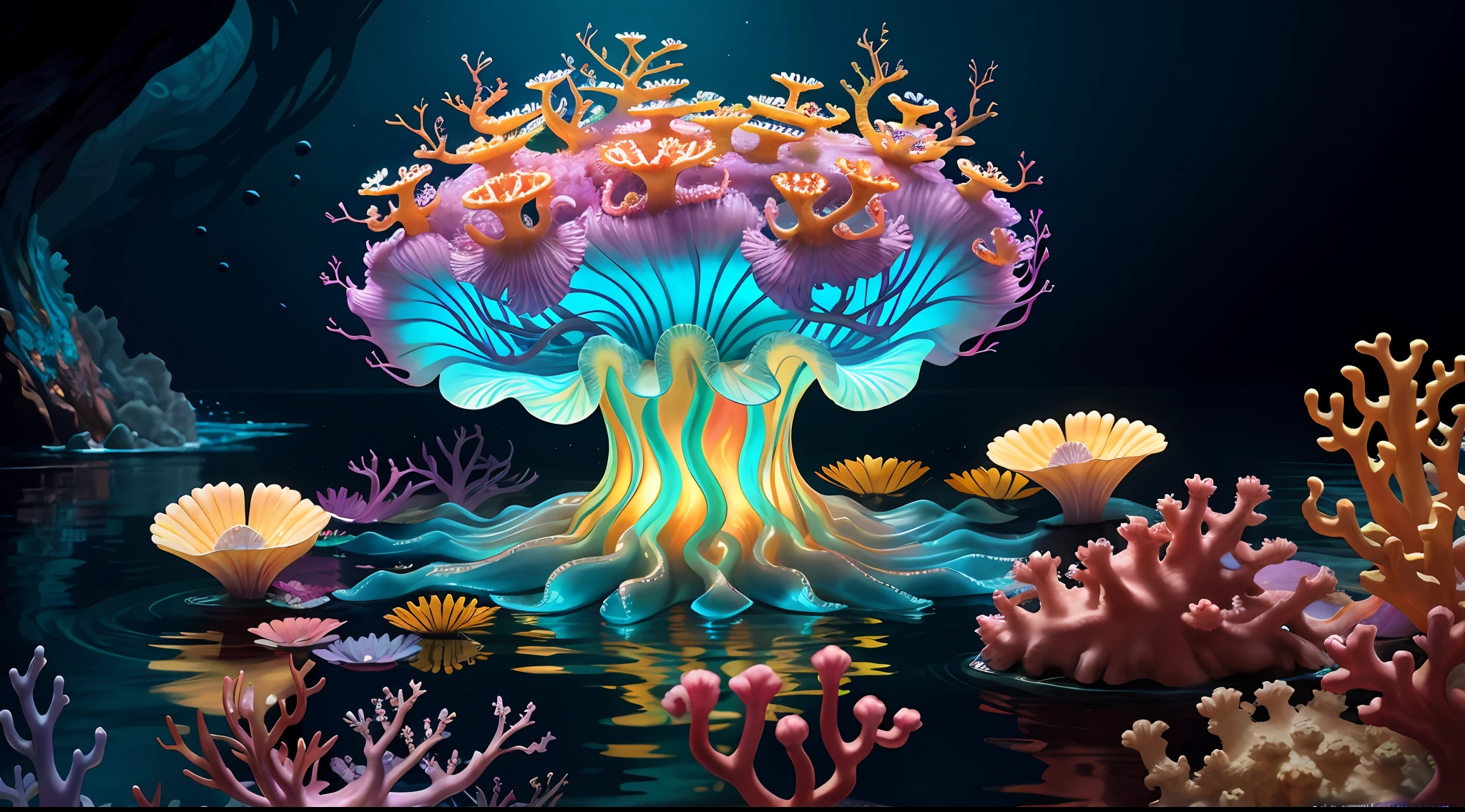 Colorful, master composition, focus on key figures, realism, masterpiece, award-winning, best quality, masterpiece, ultra-detailed, 8K, extremely detailed CG Unity 8k wallpaper, complex, highly detailed, realistic, "under water, intricate details, macro shot glowing jellyfish girl, coral, light bulb, brightness, (neutral color: 1.2), ultra-detailed, cinematic, complex background, huge ocean twisted Mandelbrot fractal shell, golden pearl nacre, hyper detail, ArtStation, Octane Renderer, (Color Acne: 1.3)",
