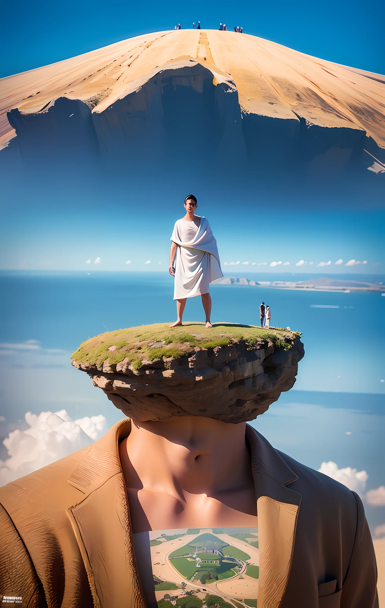 Young man standing on a mountain with a city in the background, cristo redentor, christ the redeemer, collage style joseba elorza, abs, surreal collage, summer weather, photomanipulation, joe webb, inspired by David LaChapelle, lucas graziano, digital collage, photomontage, nick silva, thiago lehmann
