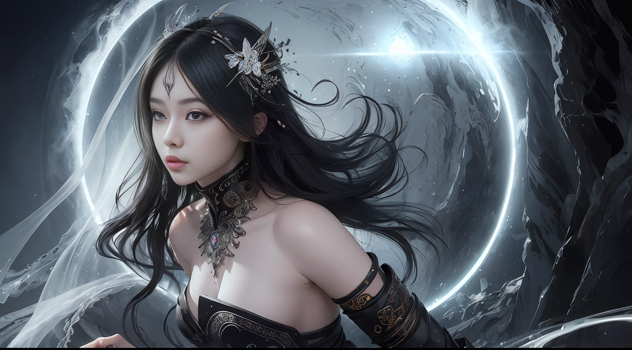 (Masterpiece, Top Quality, Best Quality, Oriental Art, Beauty and Aesthetics: 1.2), (1girl), Extremely Detailed Inky Eyes, (Fractal Art: 1.3), Color Black and White, Most Detailed, (Perfect Face), Shiny Skin, Waterfall, (Light Pattern), Striking Visual Effects, (Dynamic Stripes, Glow Track: 1.2), Bright Colors, Warrior