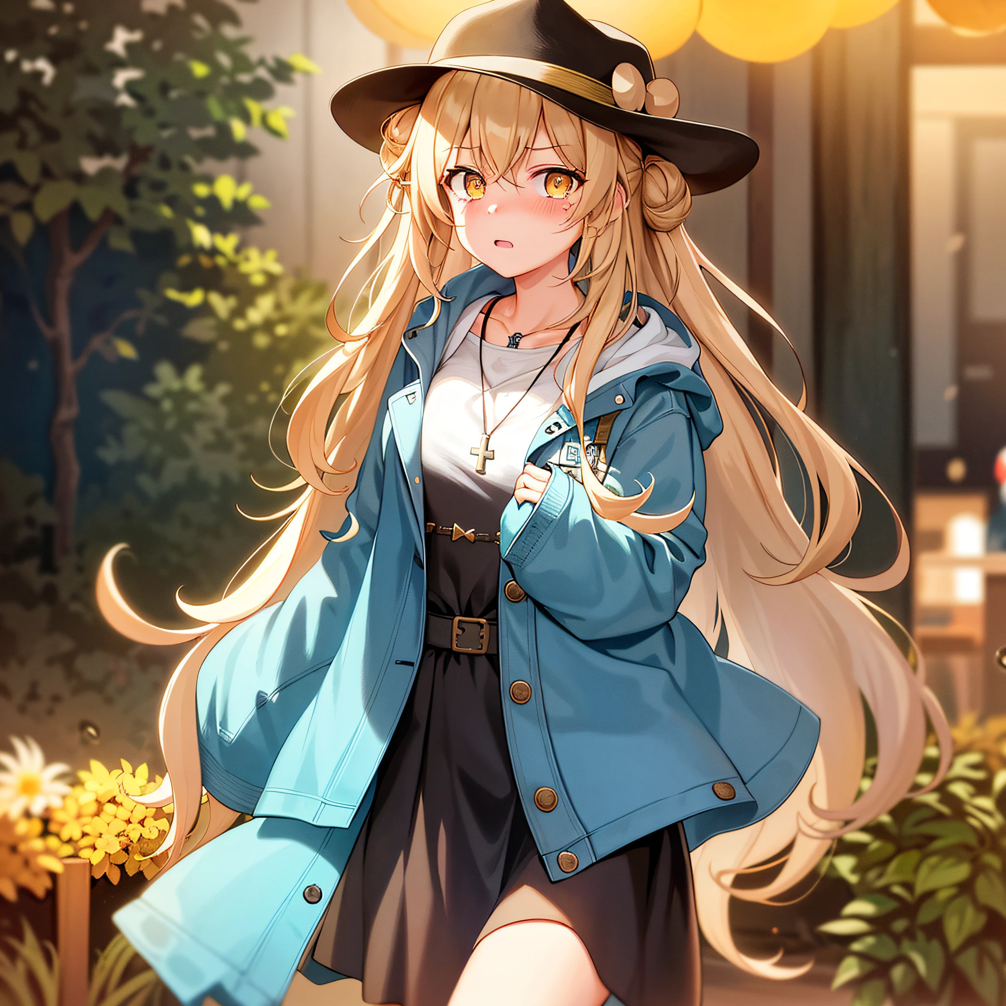 {{portrait}}, {girls' frontline}, game cg, 1girl，shocked eyes, against backlight at dusk, over the sea, rain, messy hair, colored tips, long hair, bright pupils, crying with eyes open, Denim jacket, Cowboy hat, annoyed, cross necklace, double bun, turquoise hair, yellow eyes,