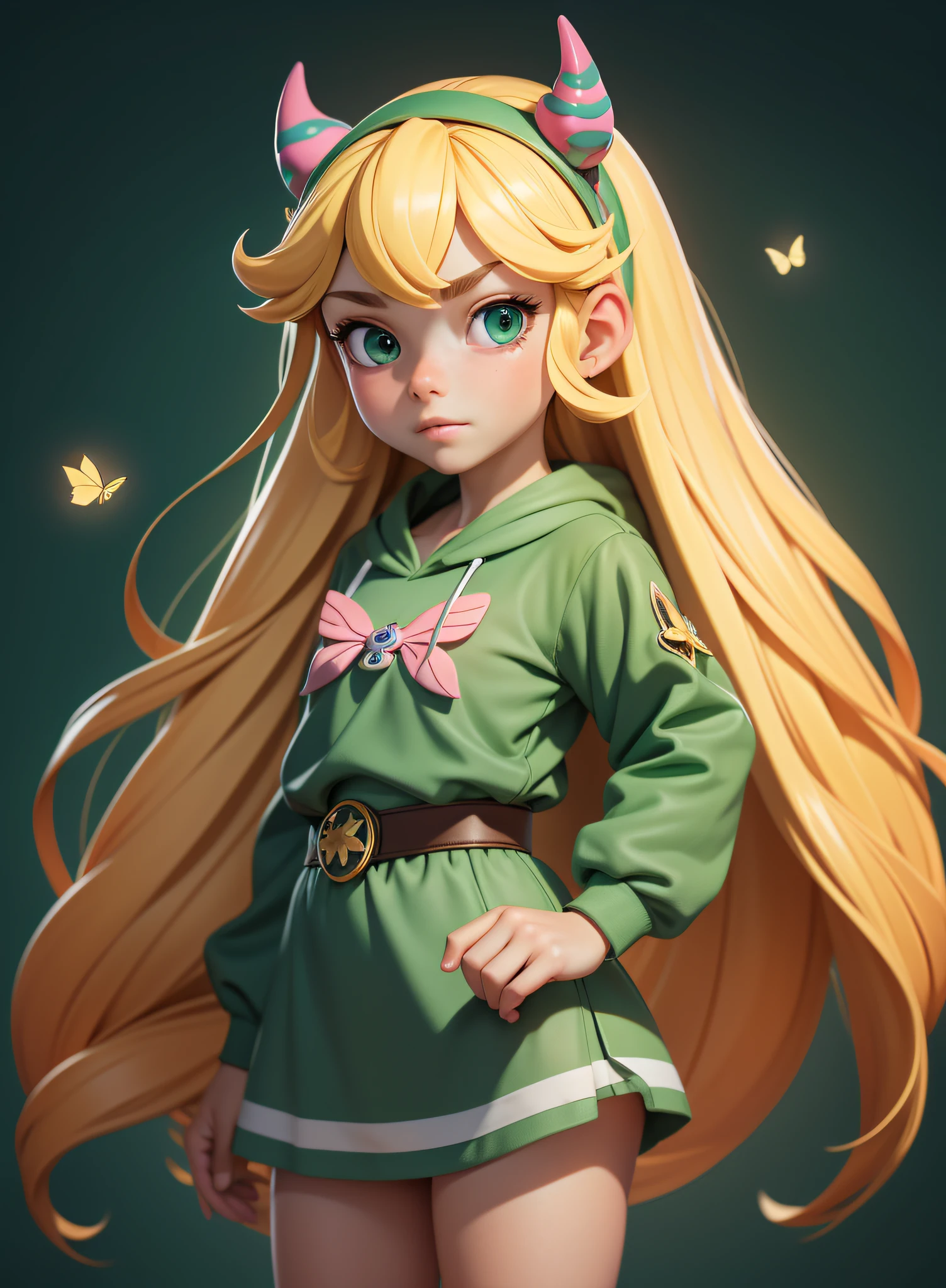 masterpiece, high resolution, image, best quality, 8k, best quality, ultra detailed, solo, 1girl, 1girl,Child, ************, butterfly star, hair band with small horn, green squid outfit, small breasts, long hair, blonde hair,