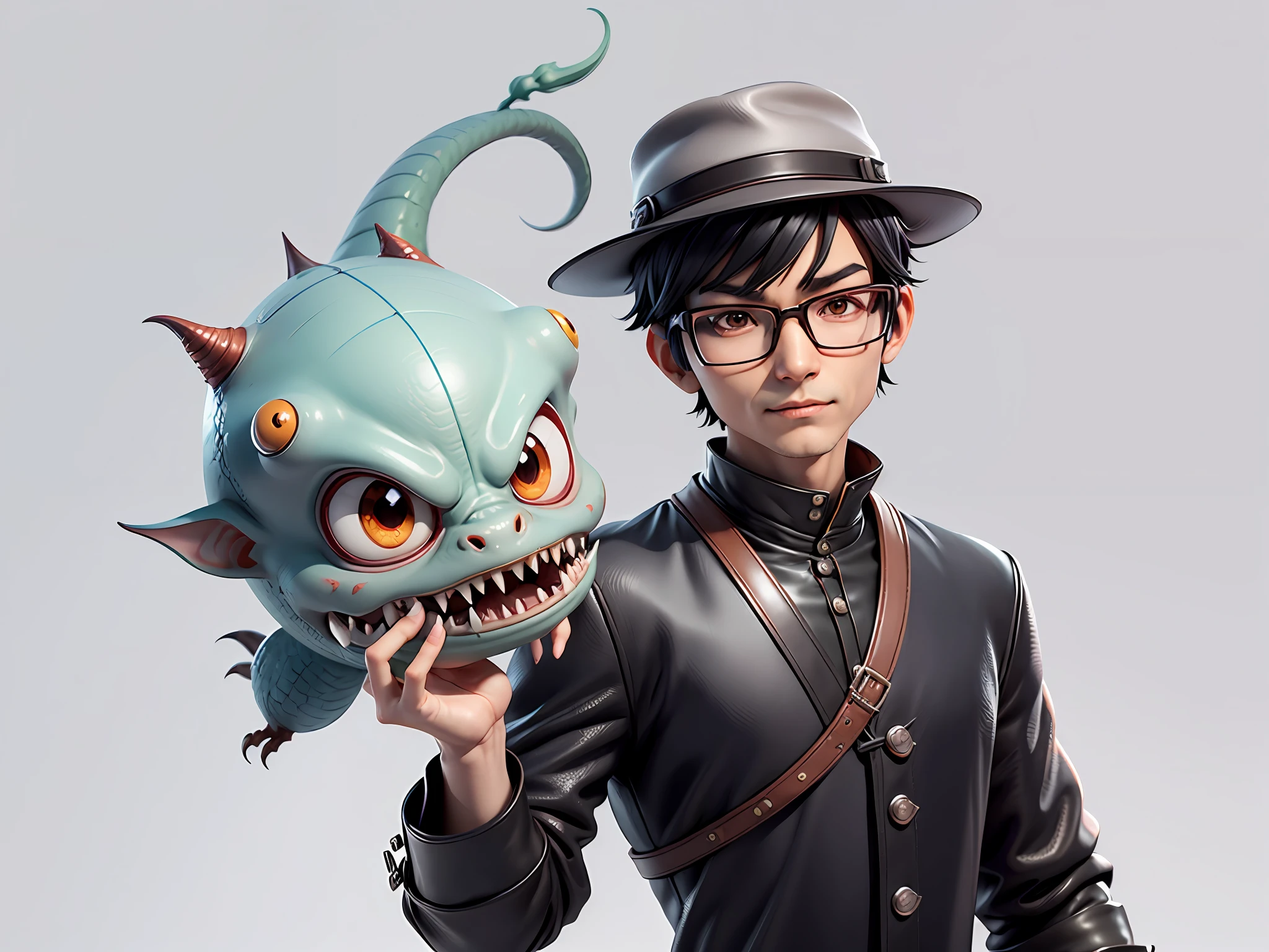 Young man with oriental face in leather hat, dragon, formal suit, short black hair, silver glasses, digital painting, 3D character design by Mark Clairedon and Pixar and Hayao Miyazaki and Akira Toriyama, the illustration is a high-definition illustration in 4K resolution with very detailed facial features and cartoon-style visuals.